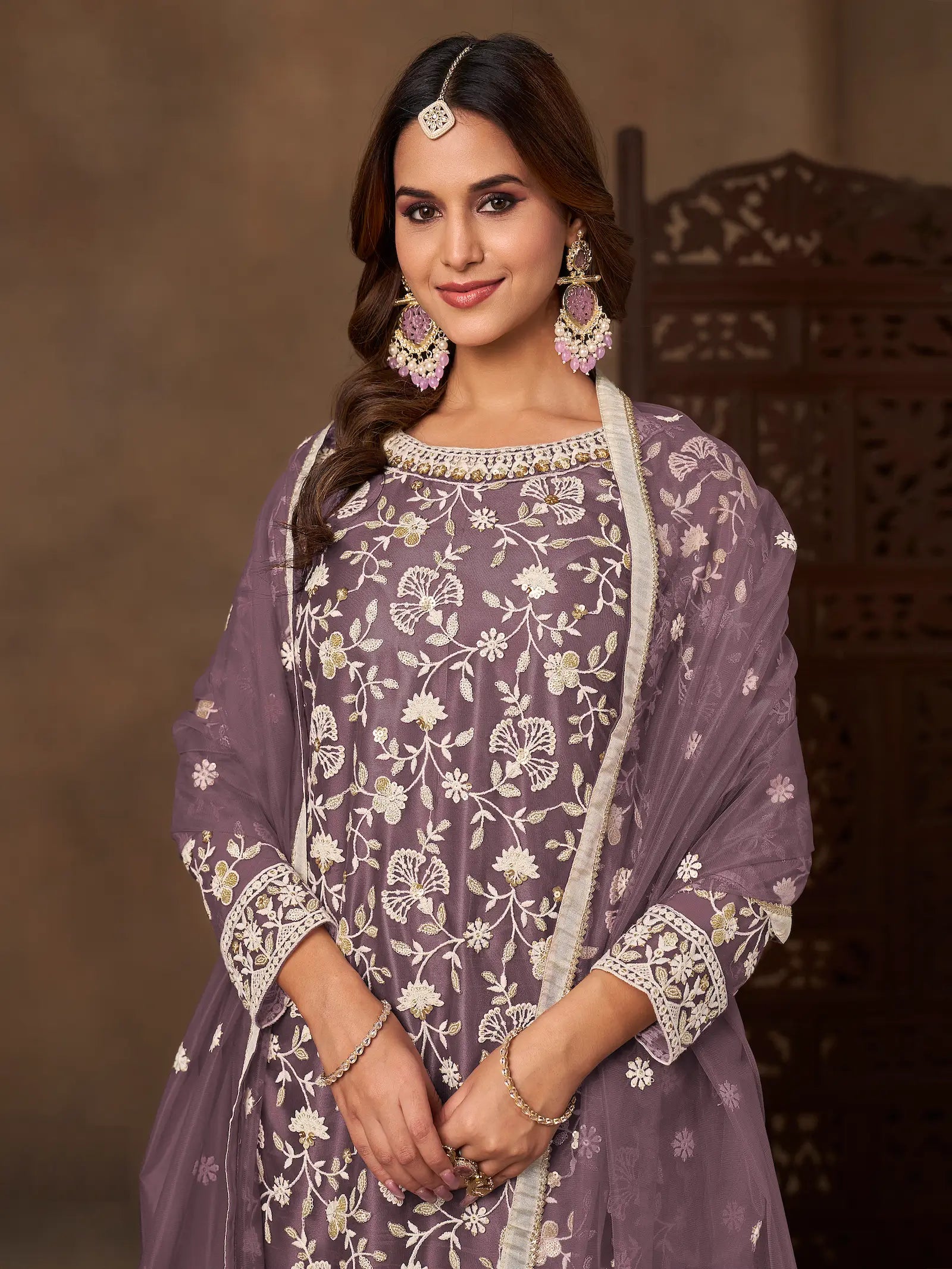 Dark Mauve Net Embroidery Palazzo Suit