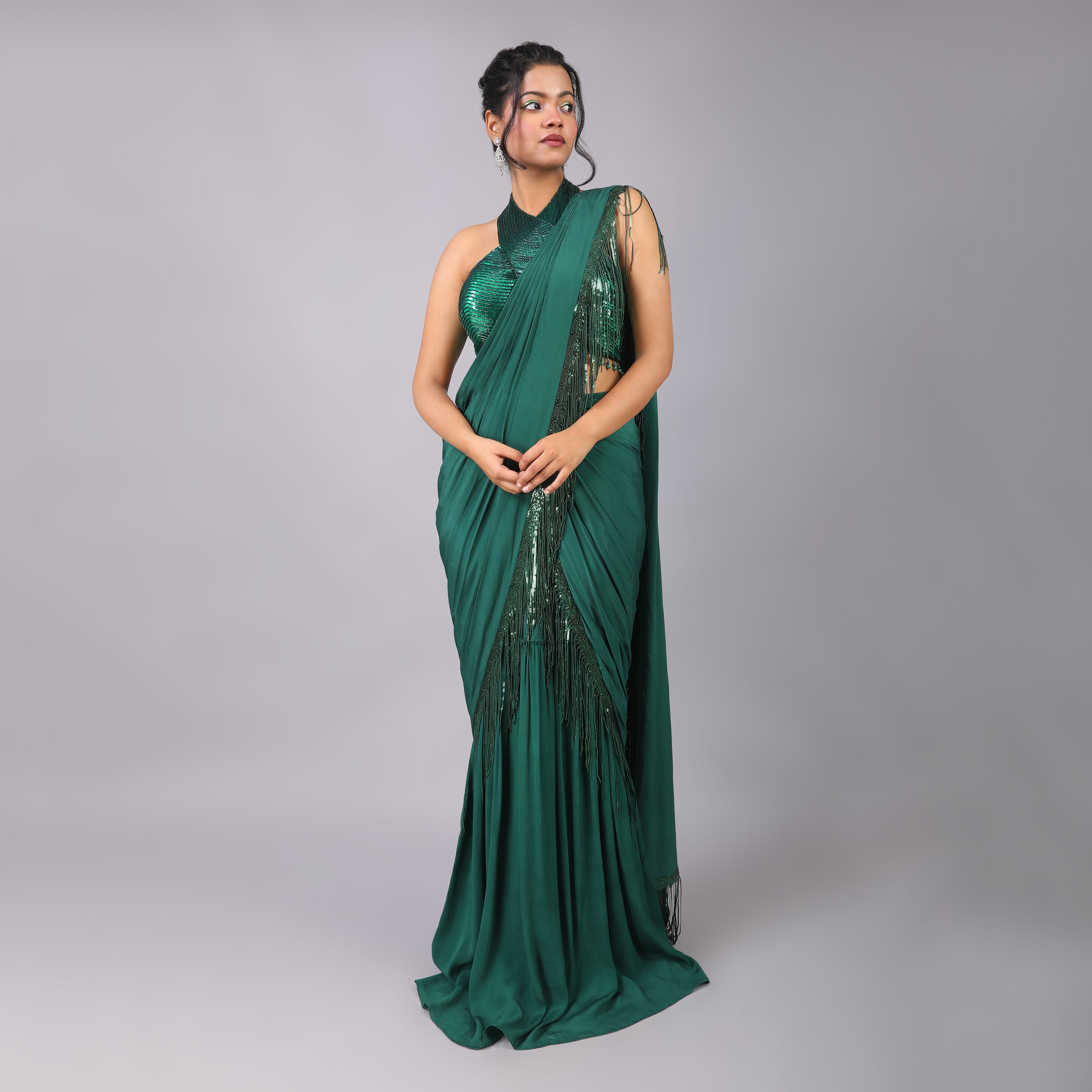 Emerald Green Pre-draped Crepe saree with sequence halter-neck designer blouse - qivii