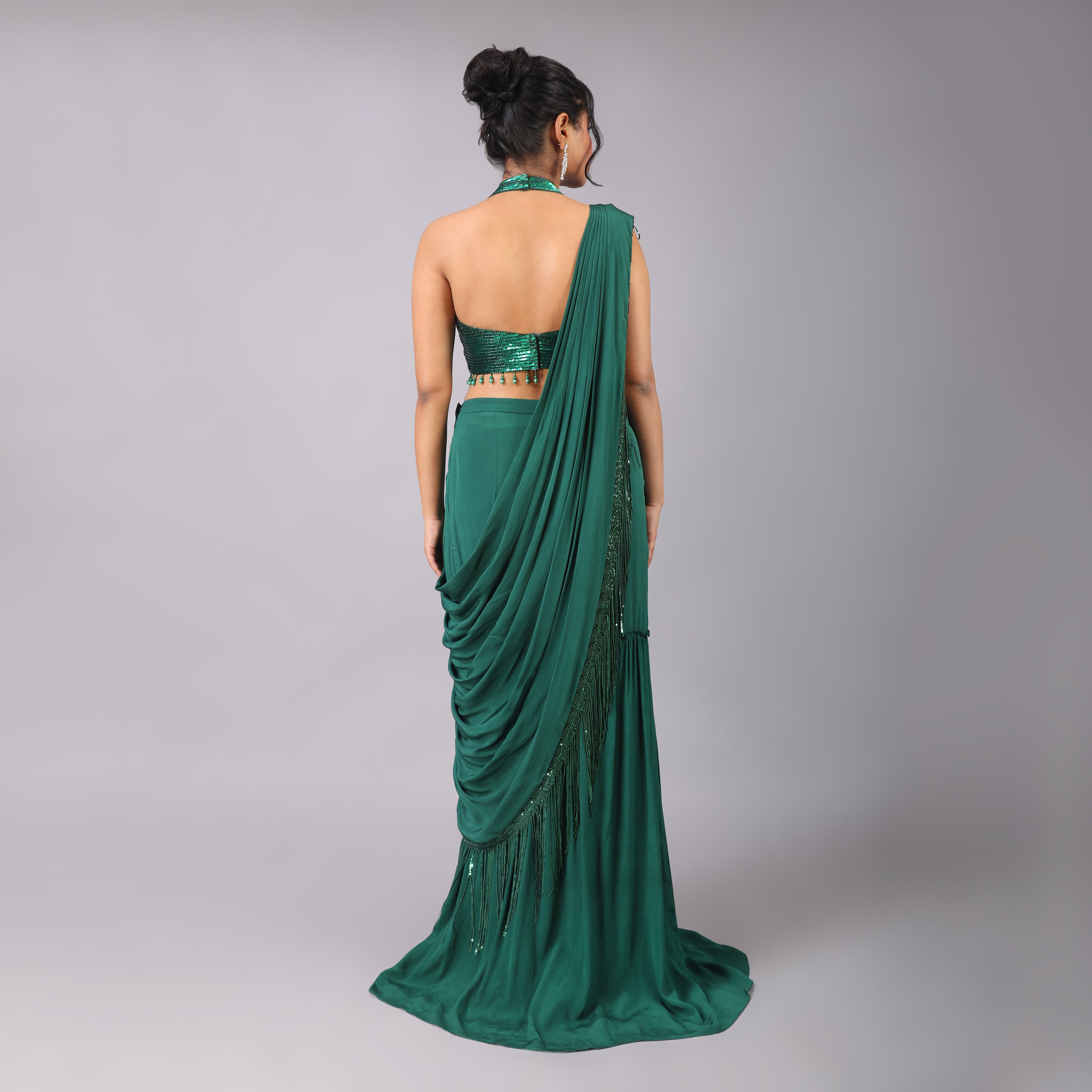 Emerald Green Pre-draped Crepe saree with sequence halter-neck designer blouse - qivii