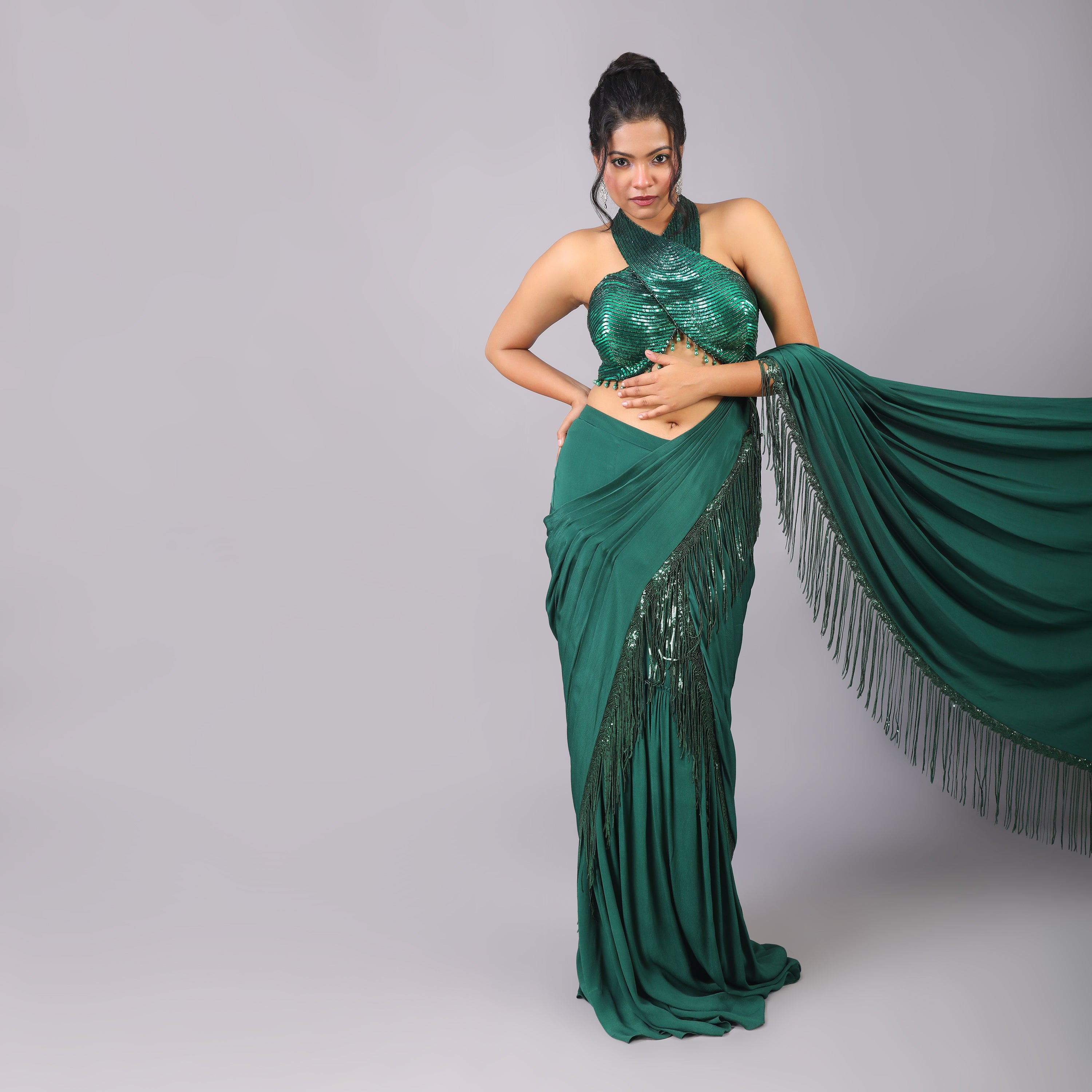 Emerald Green Pre-draped Crepe saree with sequence halter-neck designer blouse - qivii