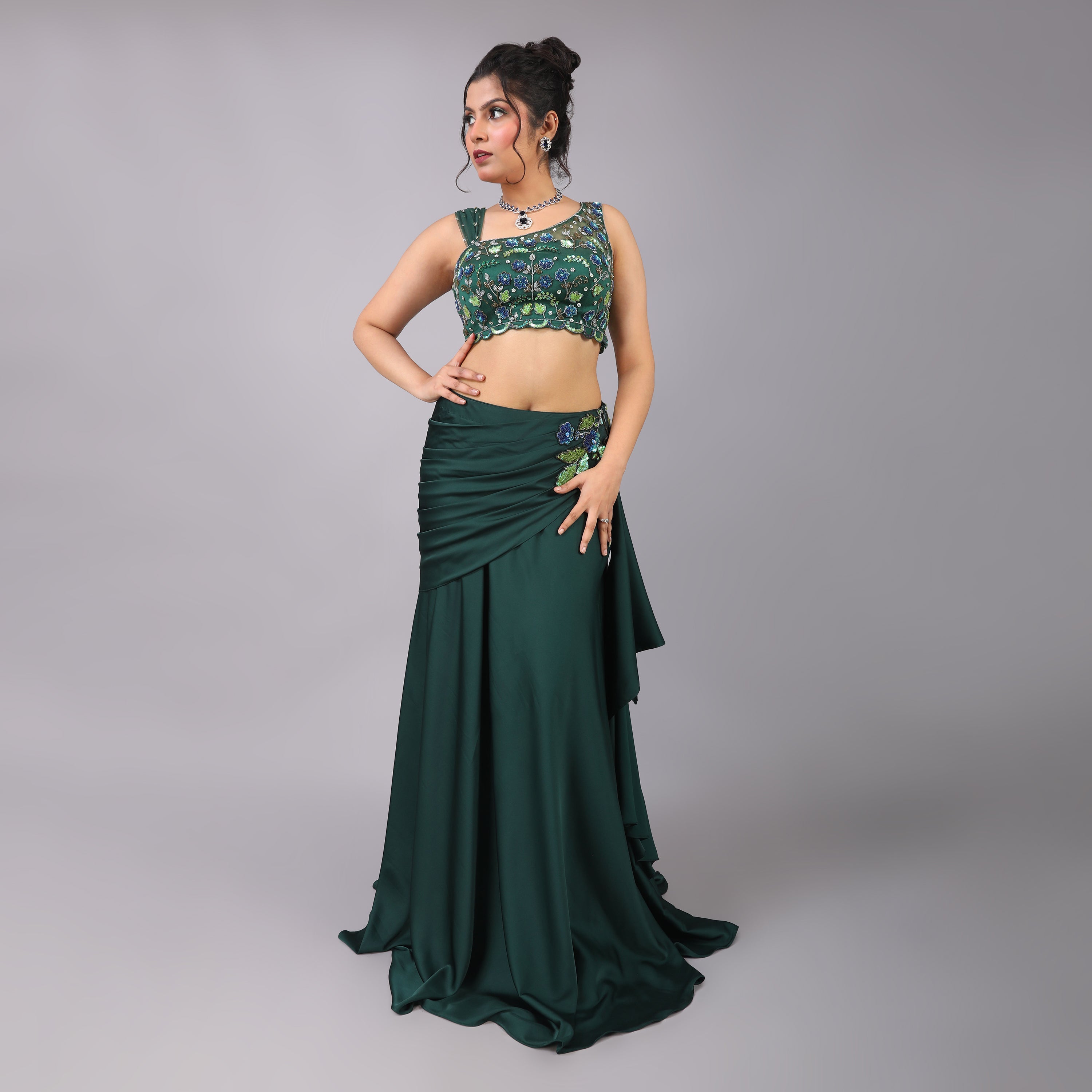 Emerald Green Asymmetrical drape skirt with hand embroidered blouse of one shoulder with attached long dupatta on the other side - qivii