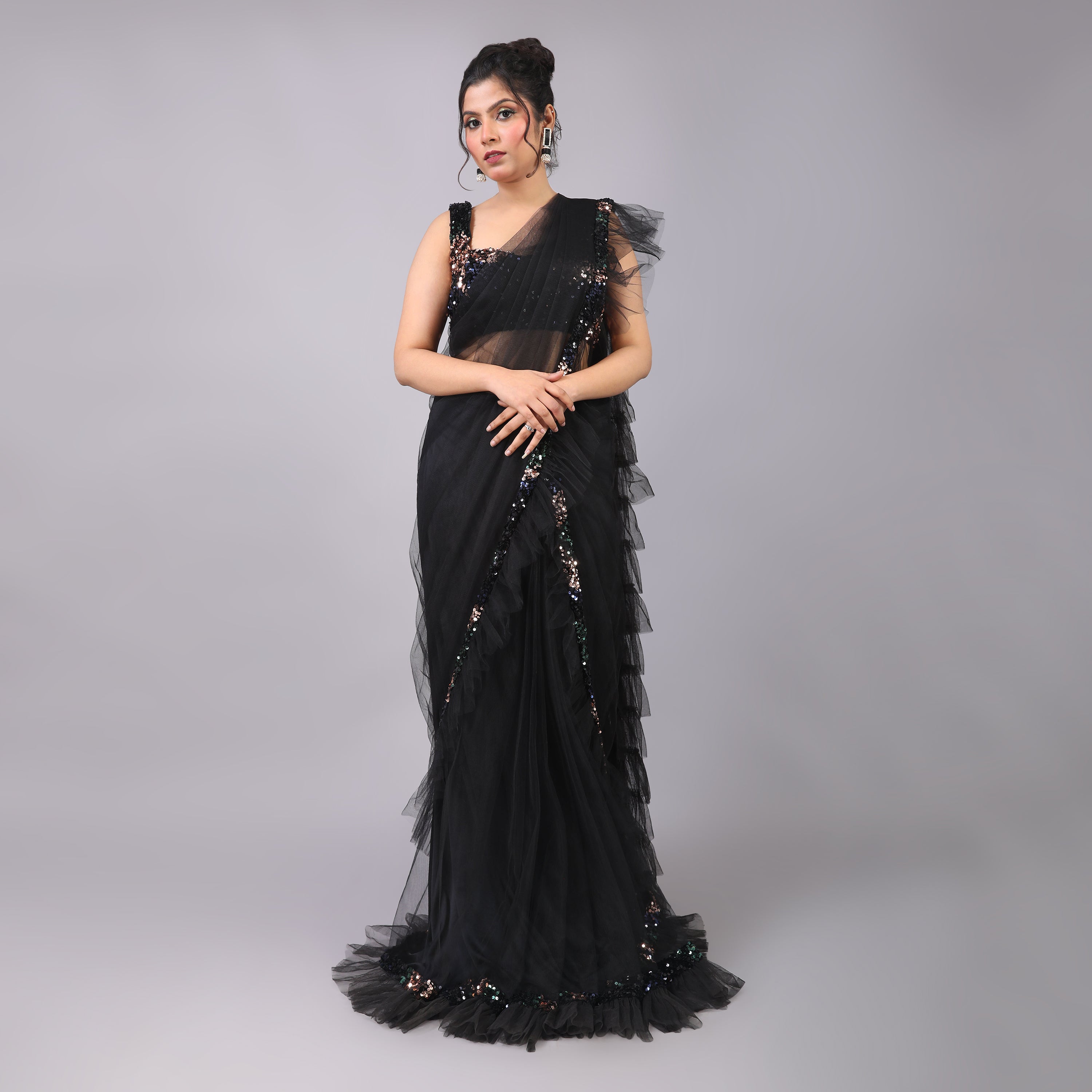 Classic Black Ruffled Pre-draped Saree with sequence blouse - qivii