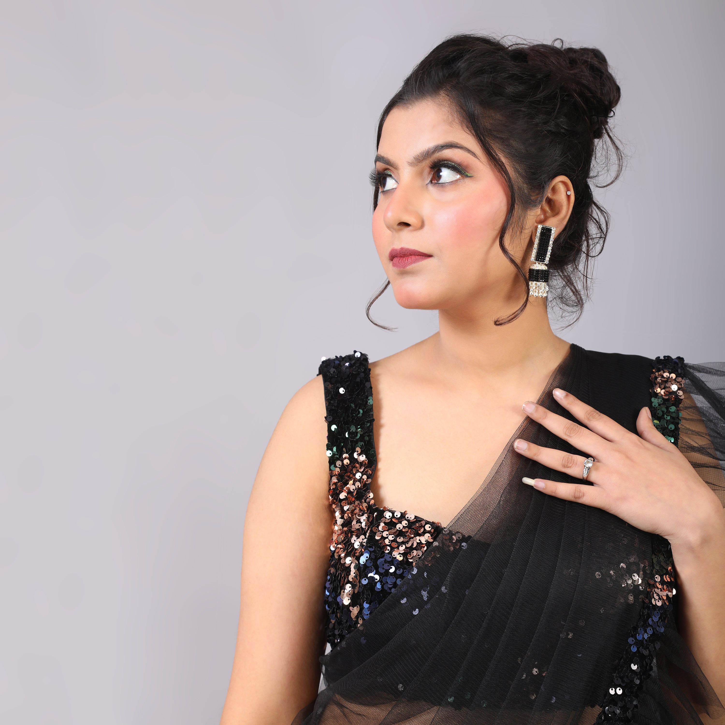 Classic Black Ruffled Pre-draped Saree with sequence blouse - qivii