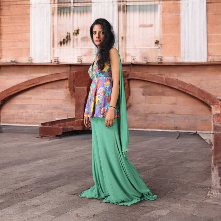 Vibrant Printed Peplum Sharara - qivii