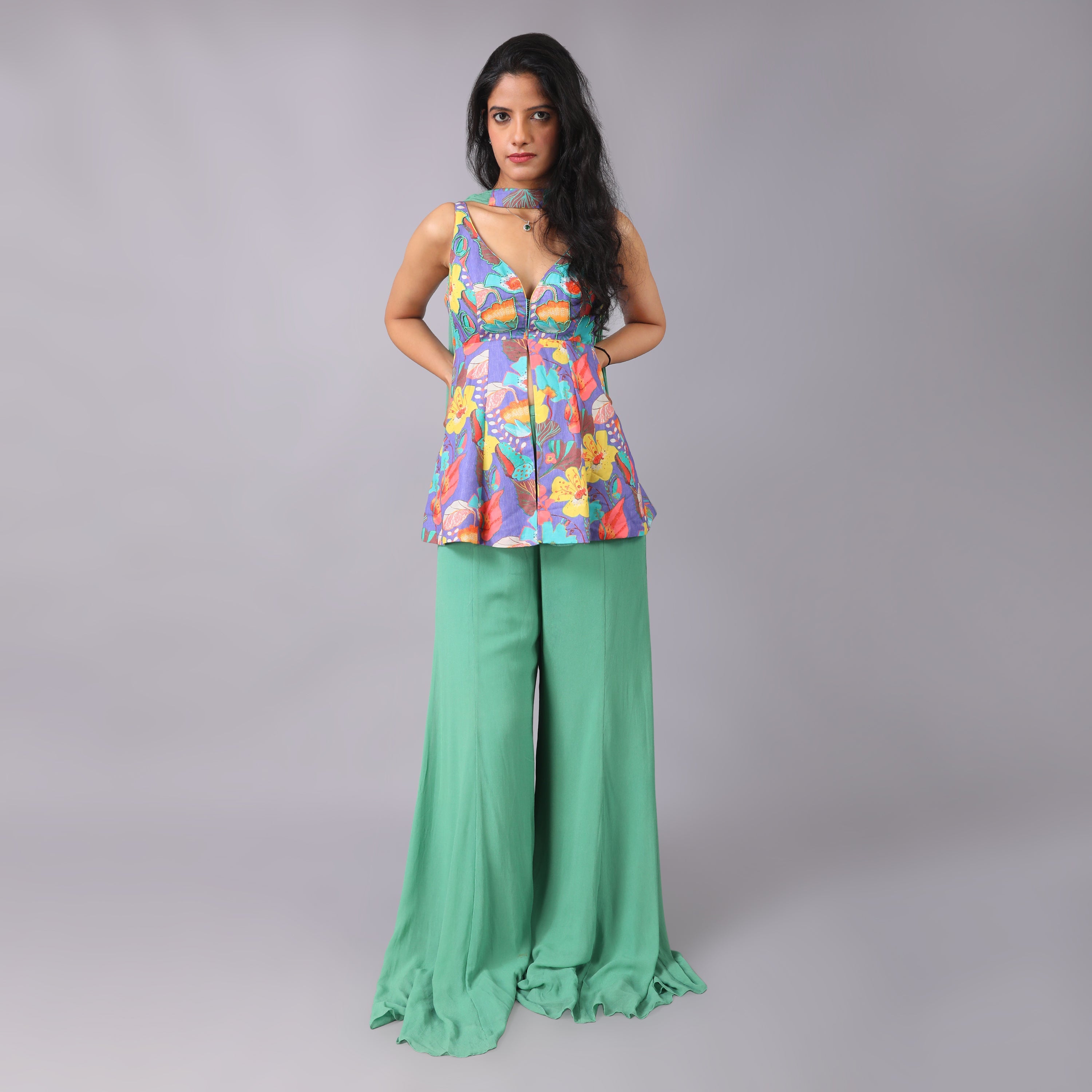 Vibrant Printed Peplum Top with Flowy Green Palazzo Pants and dupatta - qivii