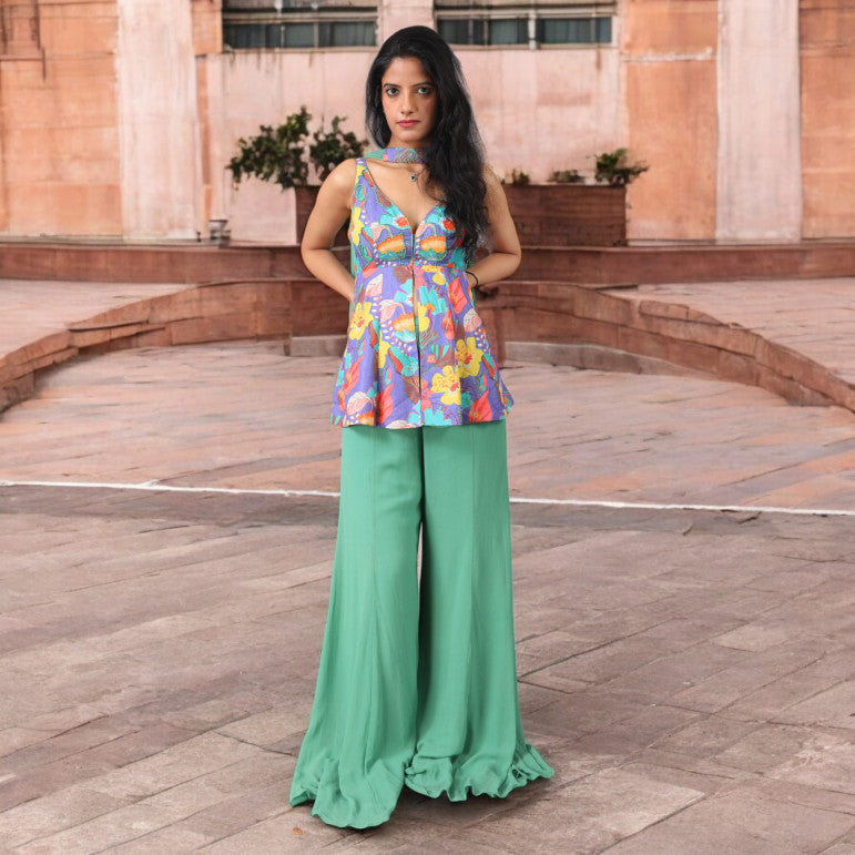 Vibrant Printed Peplum Sharara - qivii