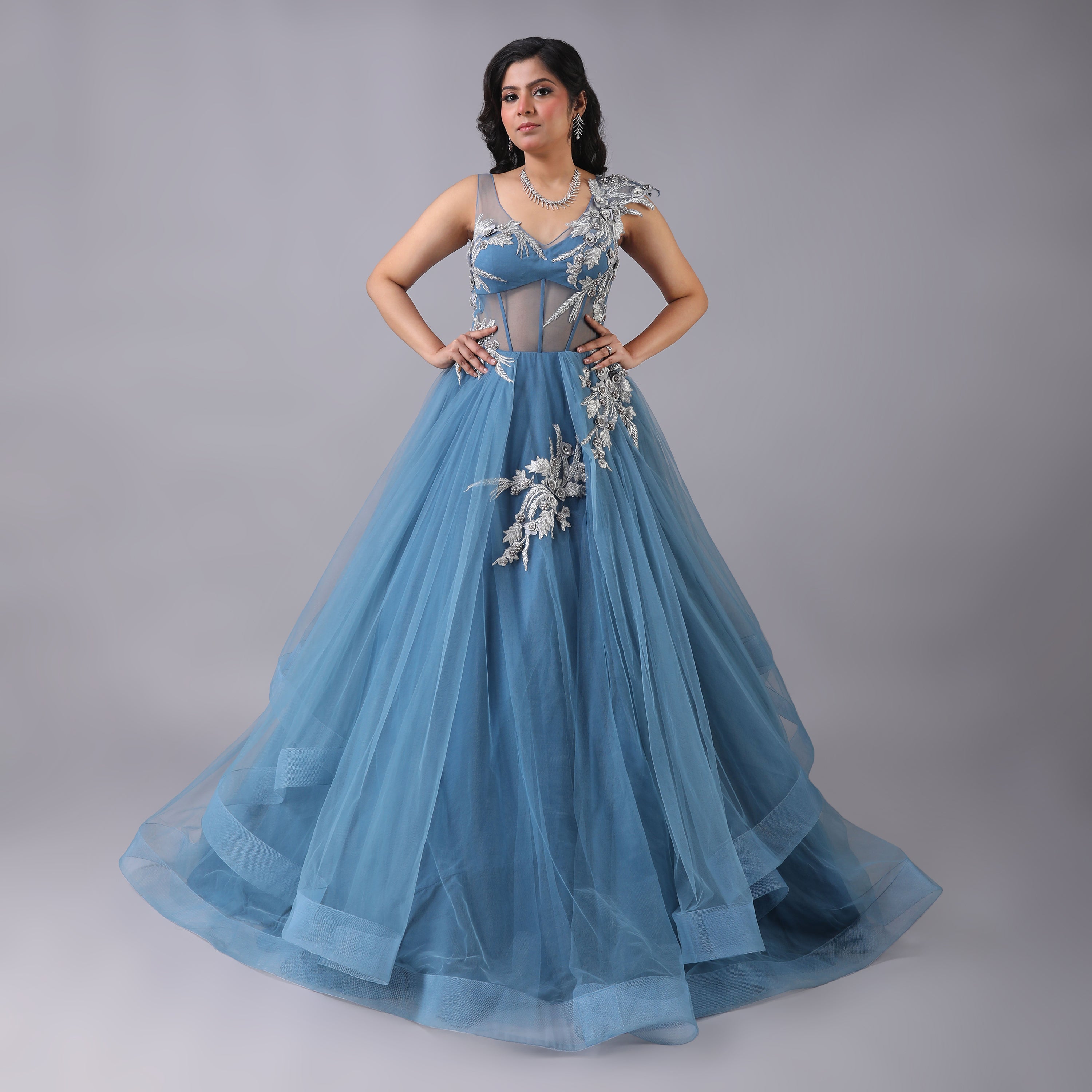 Asymmetrical Blue Tulle Net Gown With Silver Embellishments - qivii