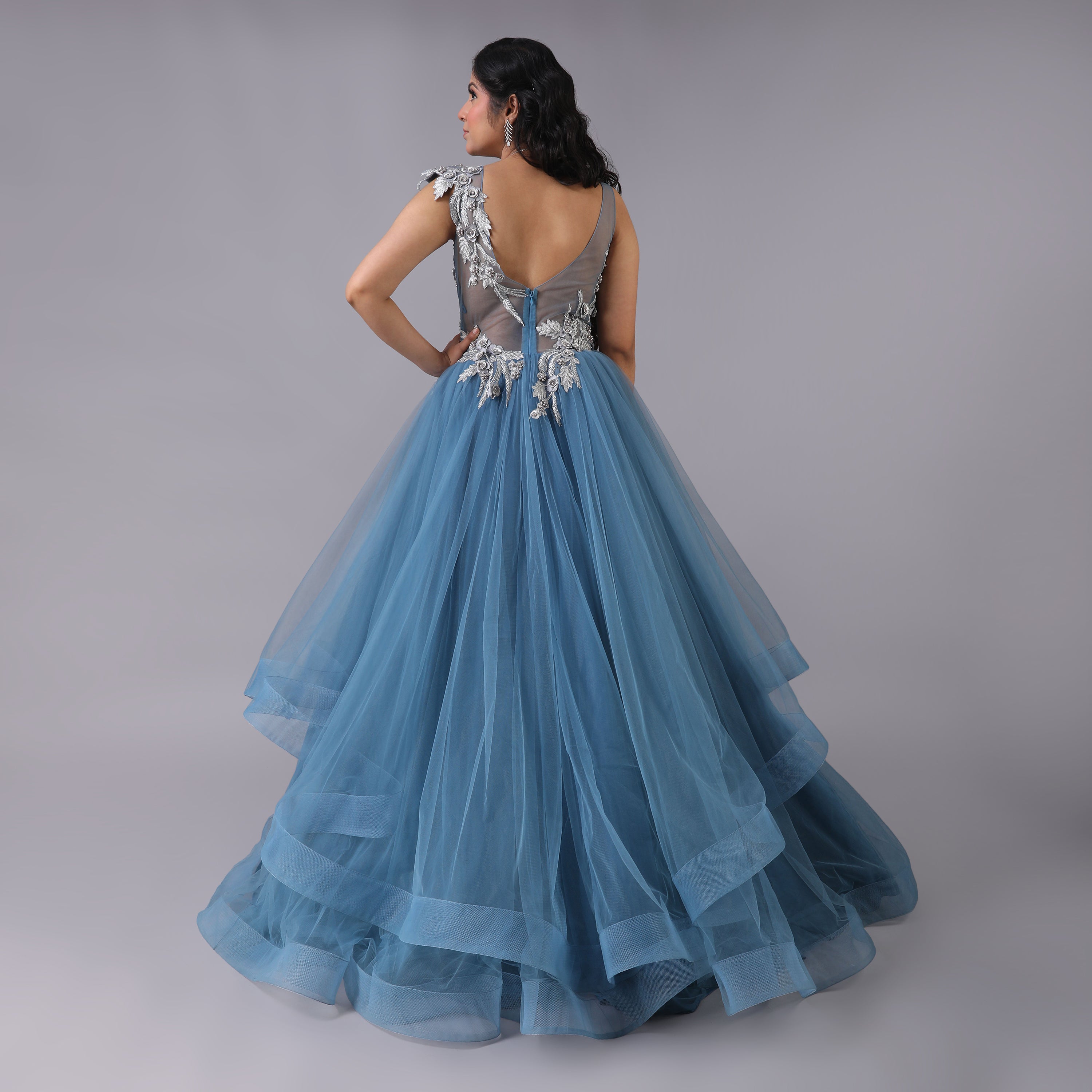 Asymmetrical Blue Tulle Net Gown With Silver Embellishments - qivii
