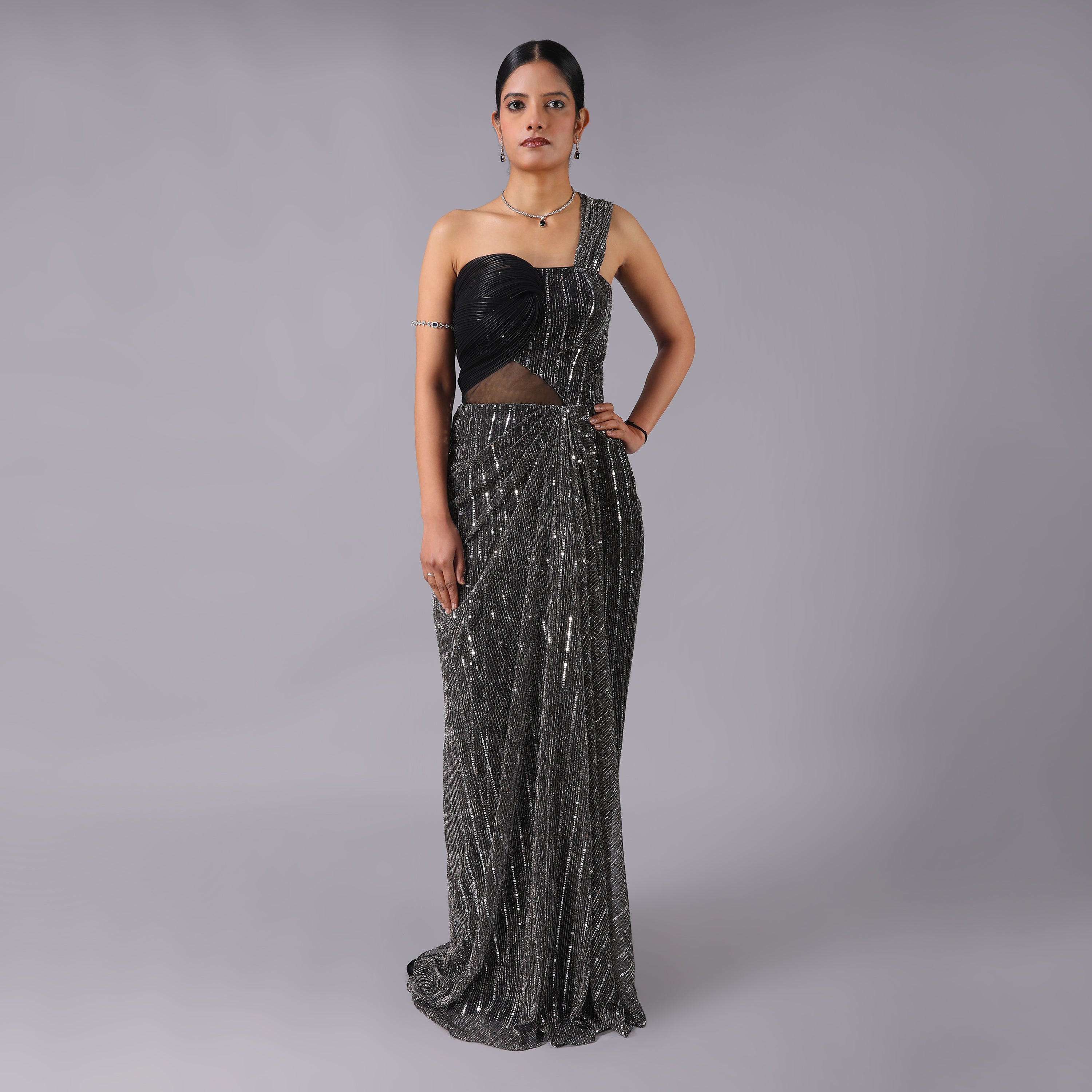 One-Shoulder Glam Metallic grey Sequin pre-draped Saree gown with asymmentrical geomatrical shape - qivii
