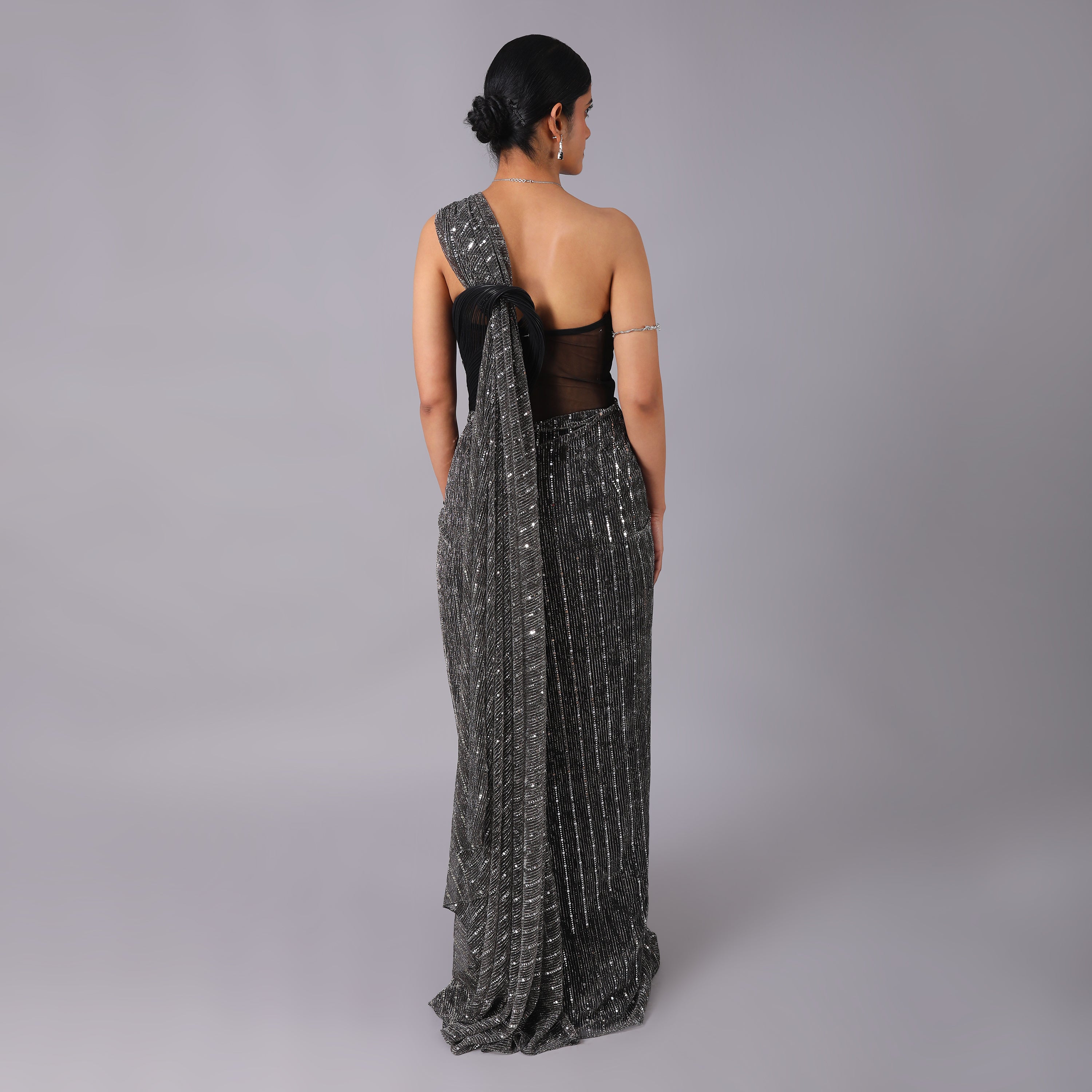 One-Shoulder Glam Metallic grey Sequin pre-draped Saree gown with asymmentrical geomatrical shape - qivii