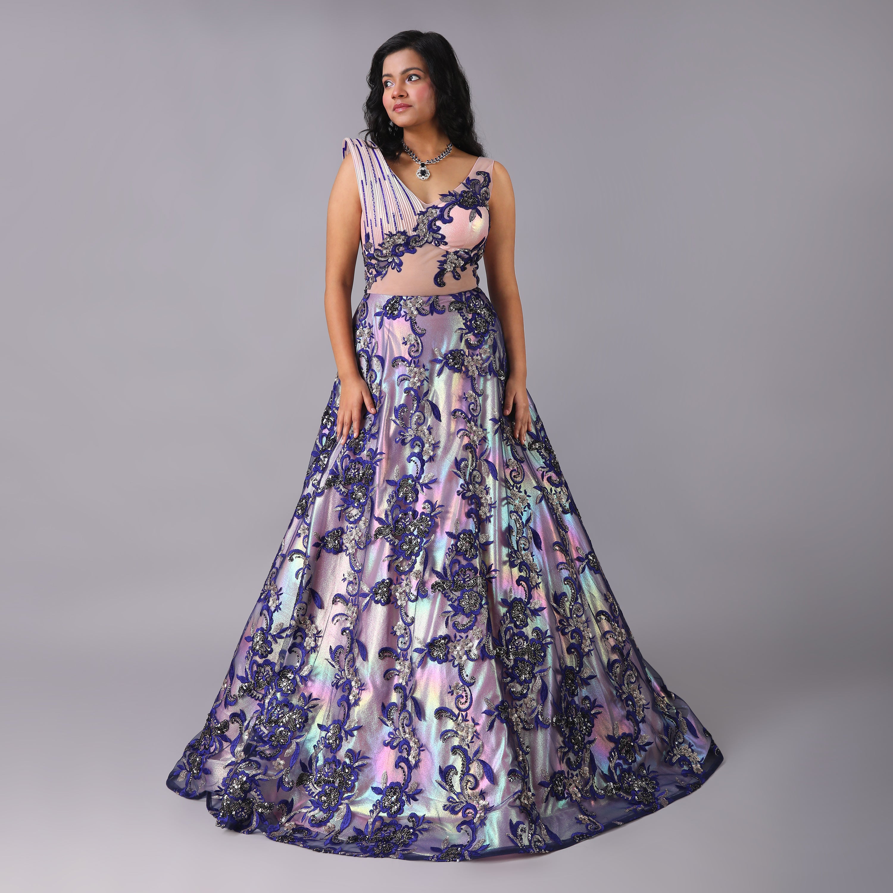 Holographic Couture Gown with Floral Details - qivii