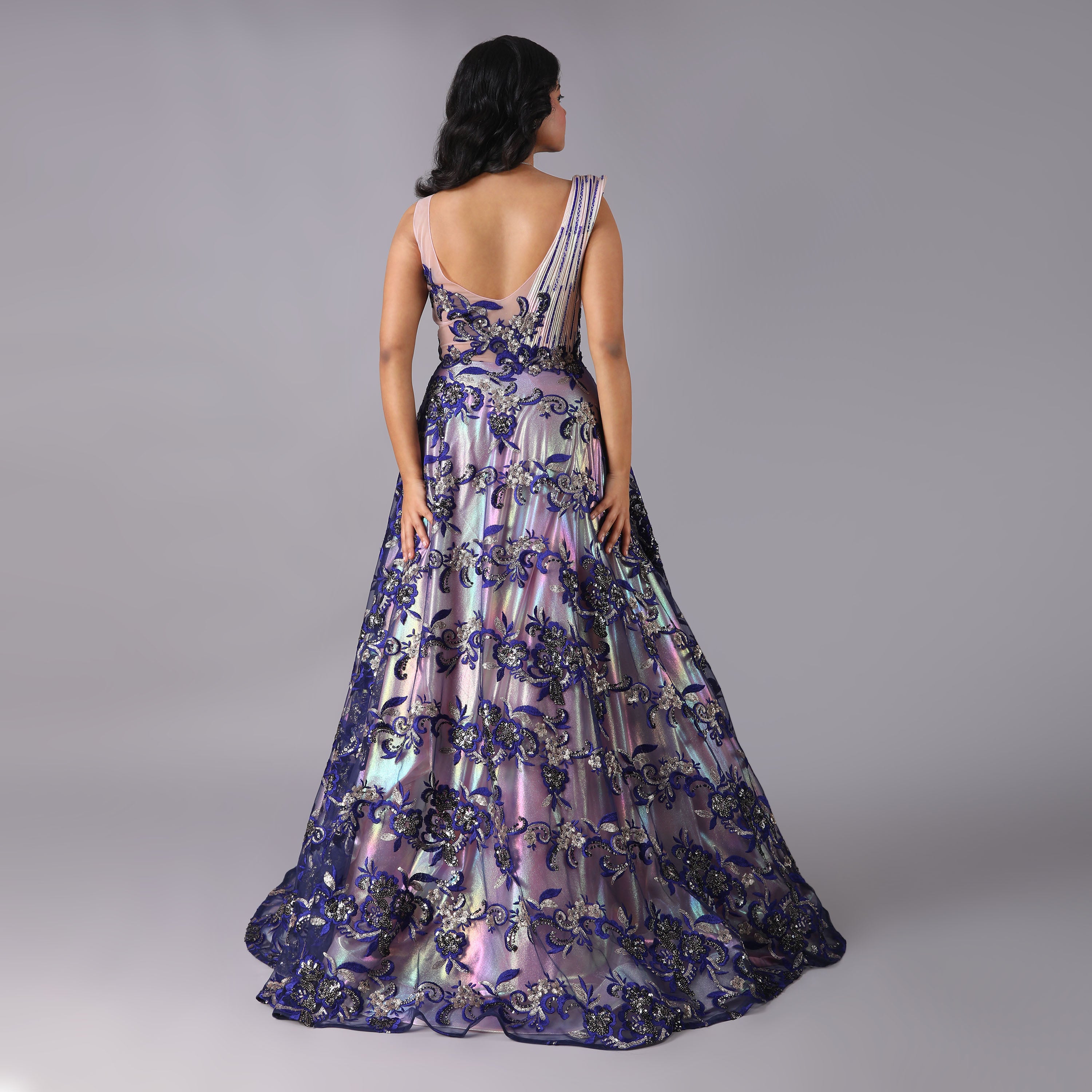 Holographic Couture Gown with Floral Details - qivii