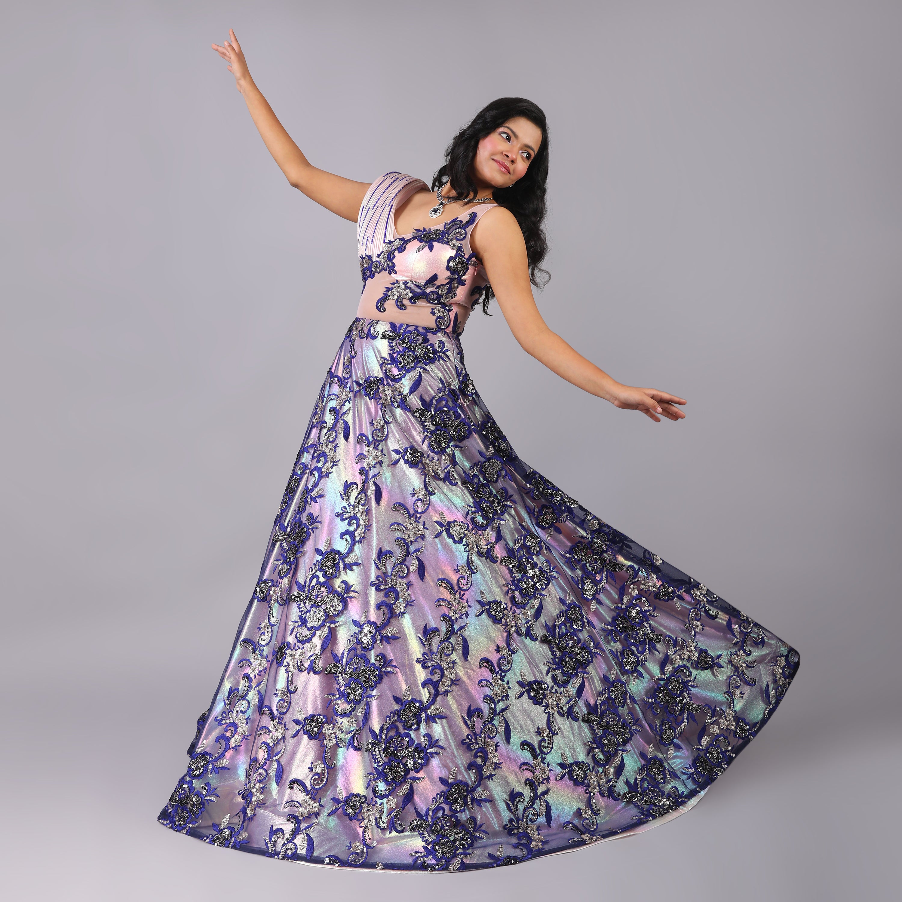 Holographic Couture Gown with Floral Details - qivii