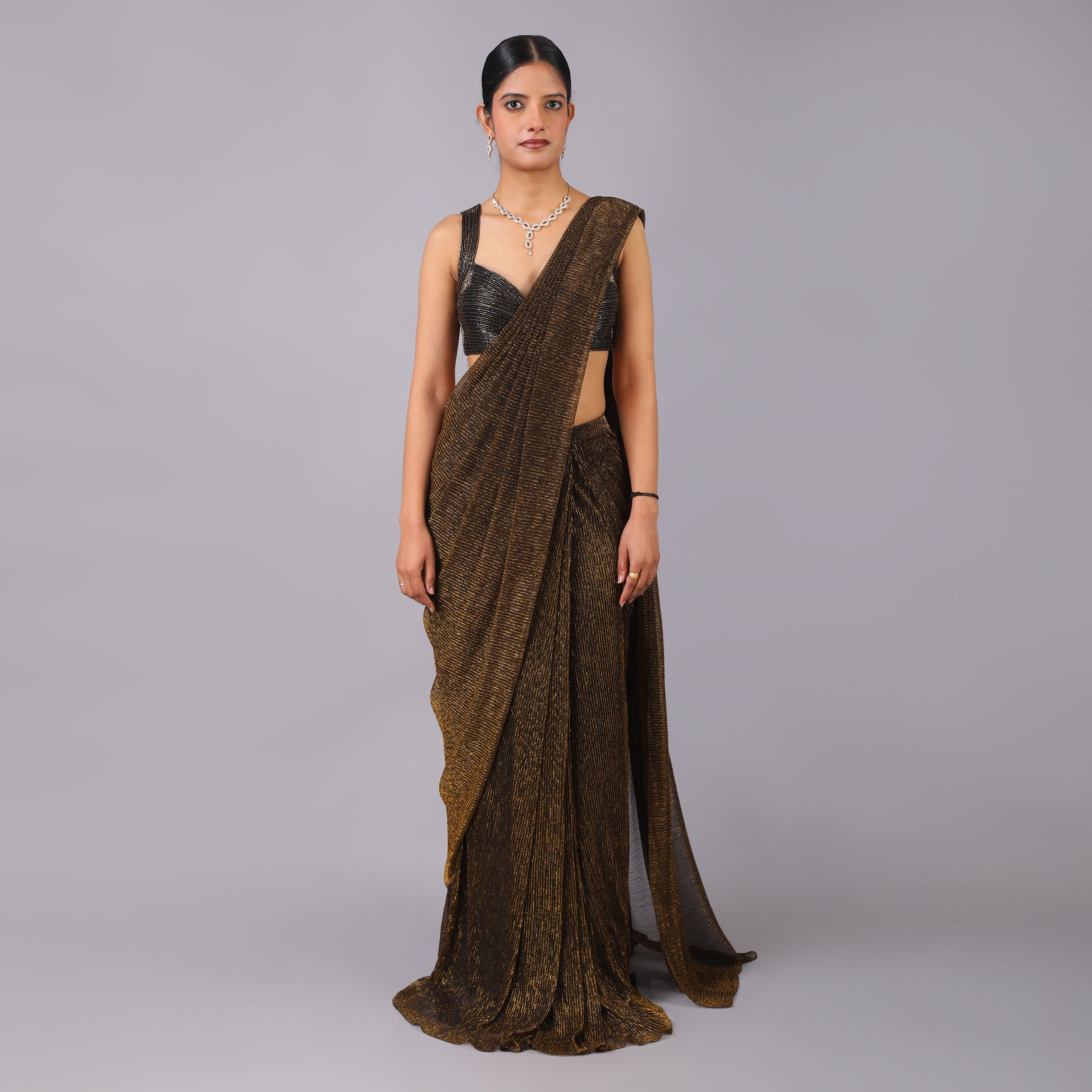 Shimmering Bronze Metallic Pre-draped Saree with geomatrical pattern hand embroidered blouse - qivii