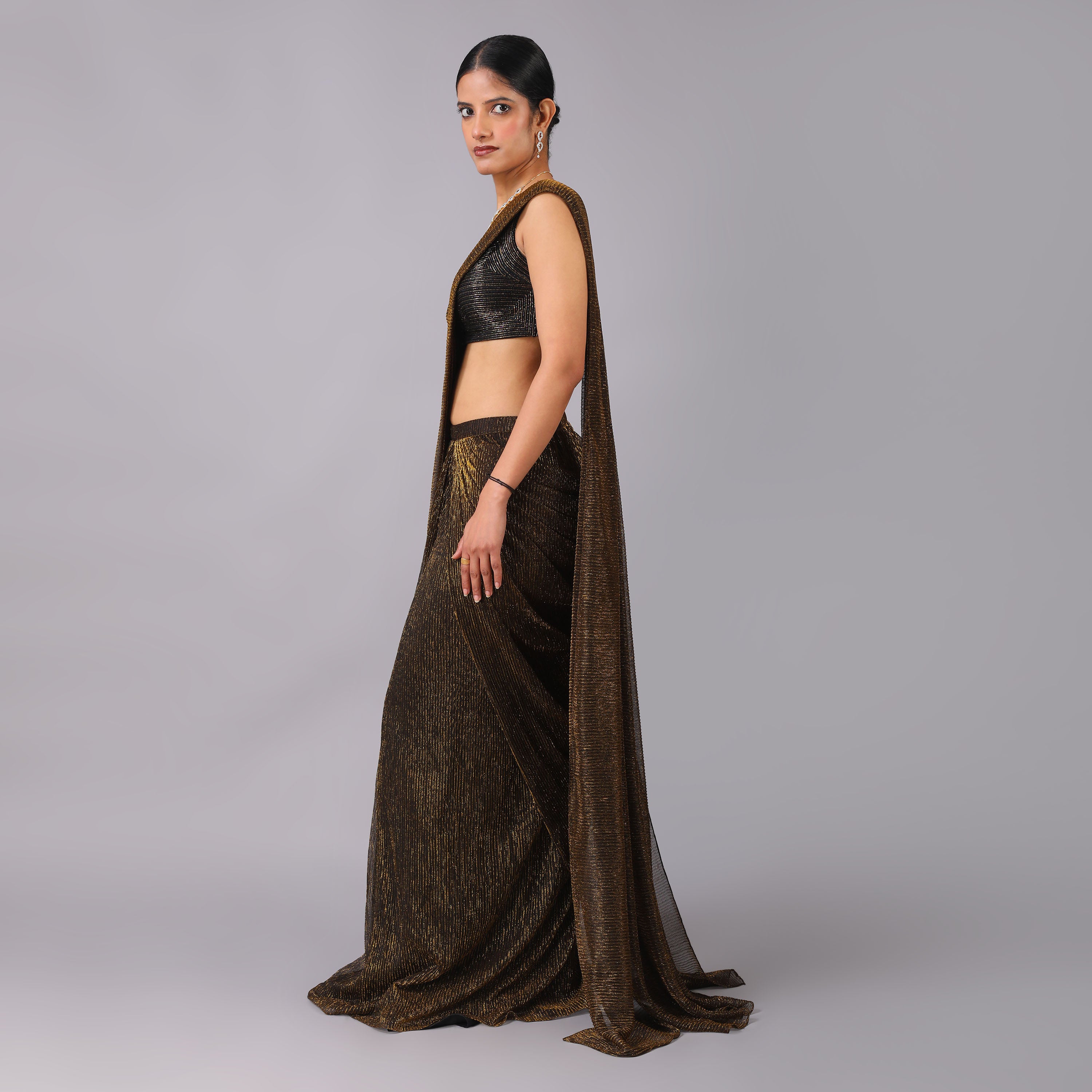 Shimmering Bronze Metallic Pre-draped Saree with geomatrical pattern hand embroidered blouse - qivii