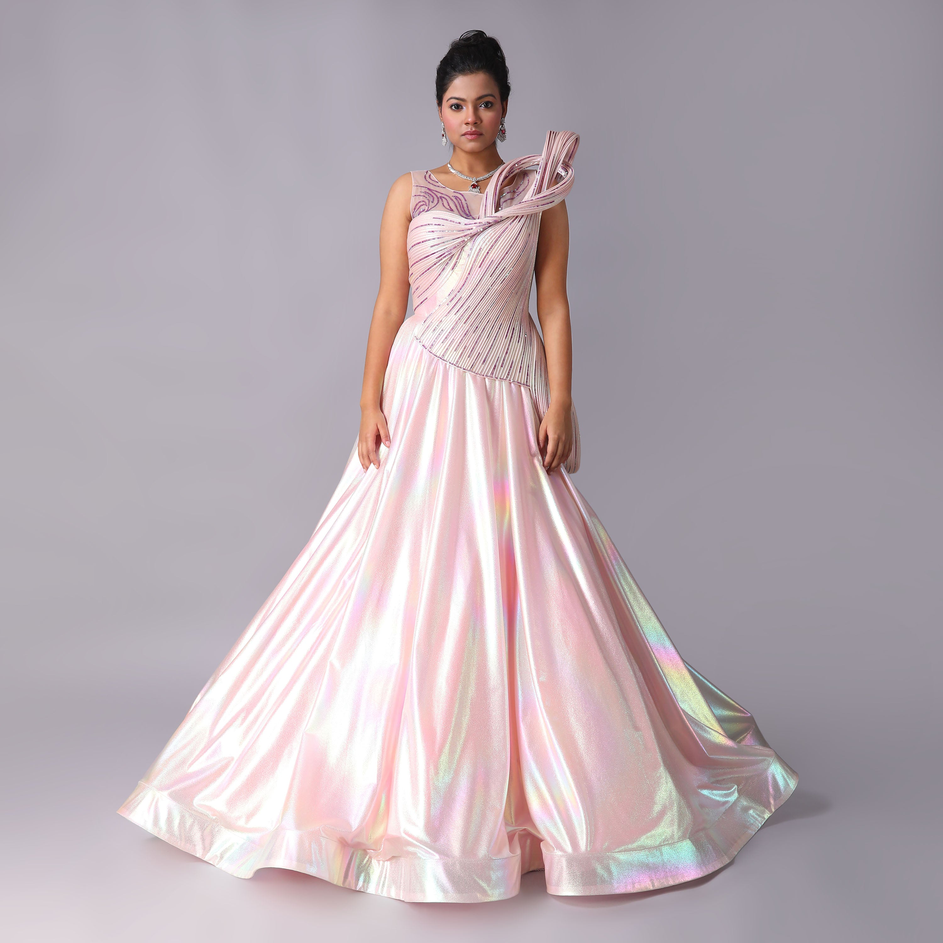Holographic Blush pink Sculpted Body Evening Gown - qivii