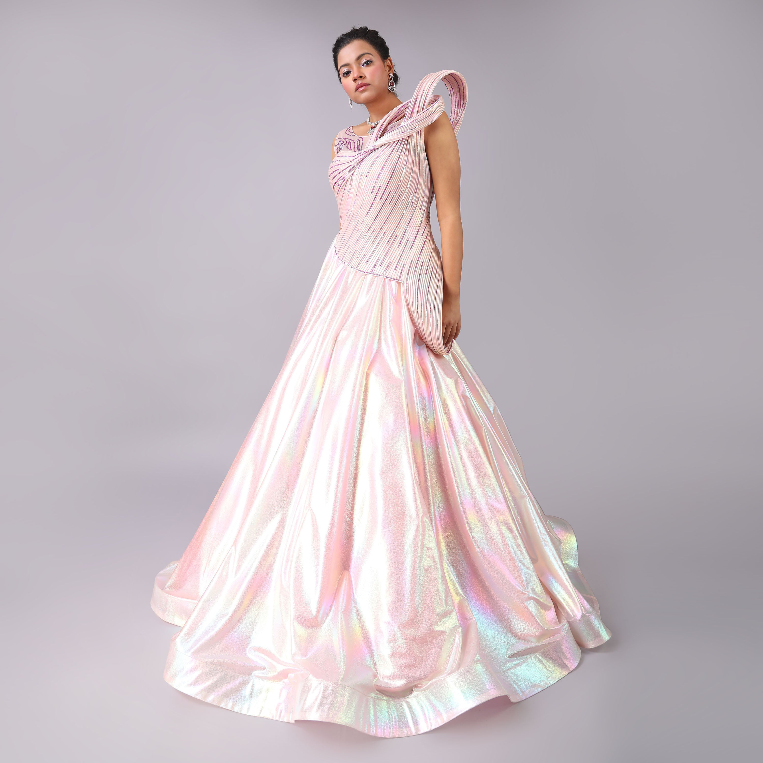Holographic Blush pink Sculpted Body Evening Gown - qivii