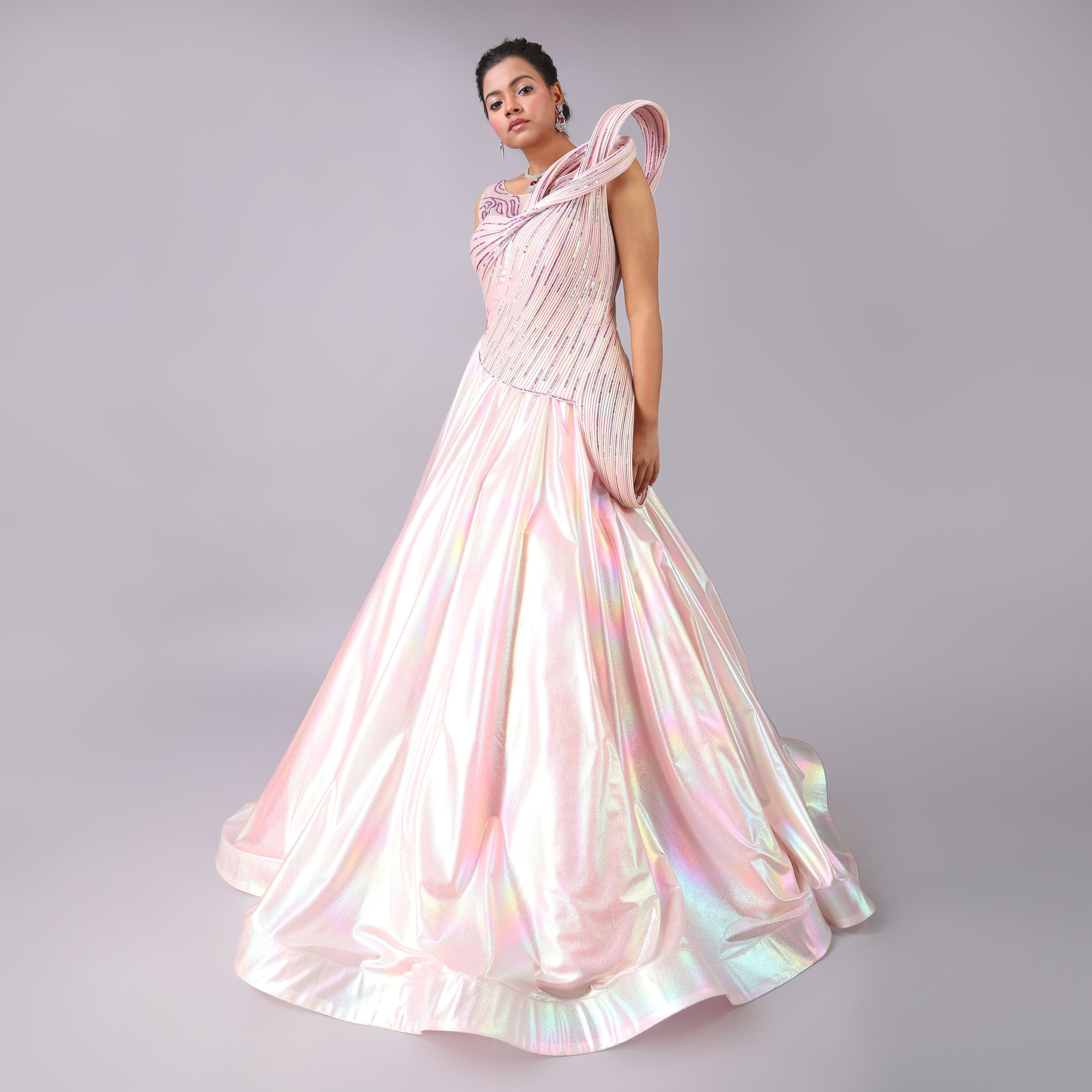 Holographic Blush pink Sculpted Body Evening Gown - qivii