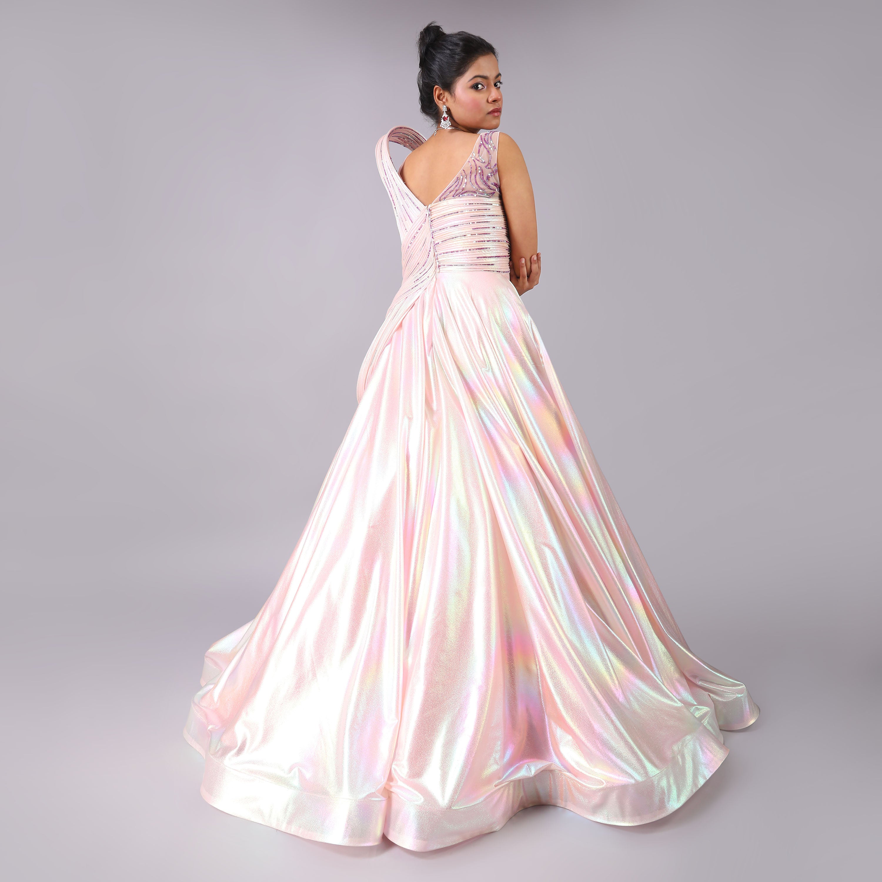 Holographic Blush pink Sculpted Body Evening Gown - qivii