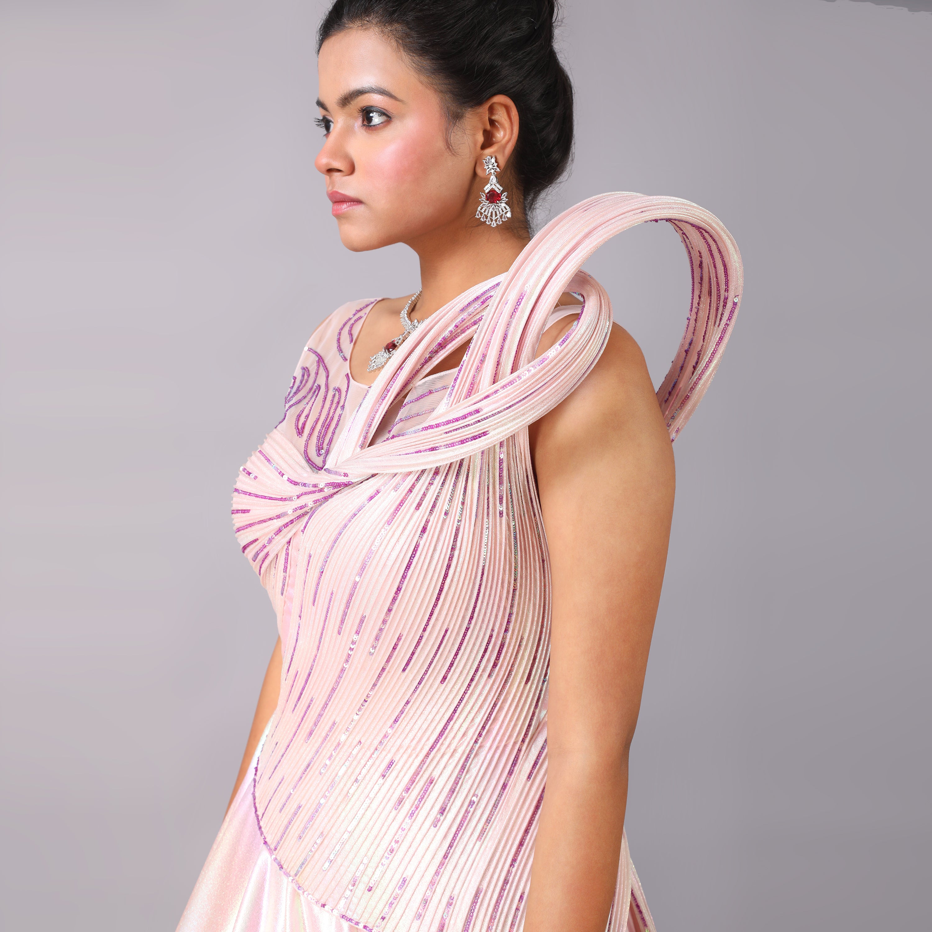 Holographic Blush pink Sculpted Body Evening Gown - qivii