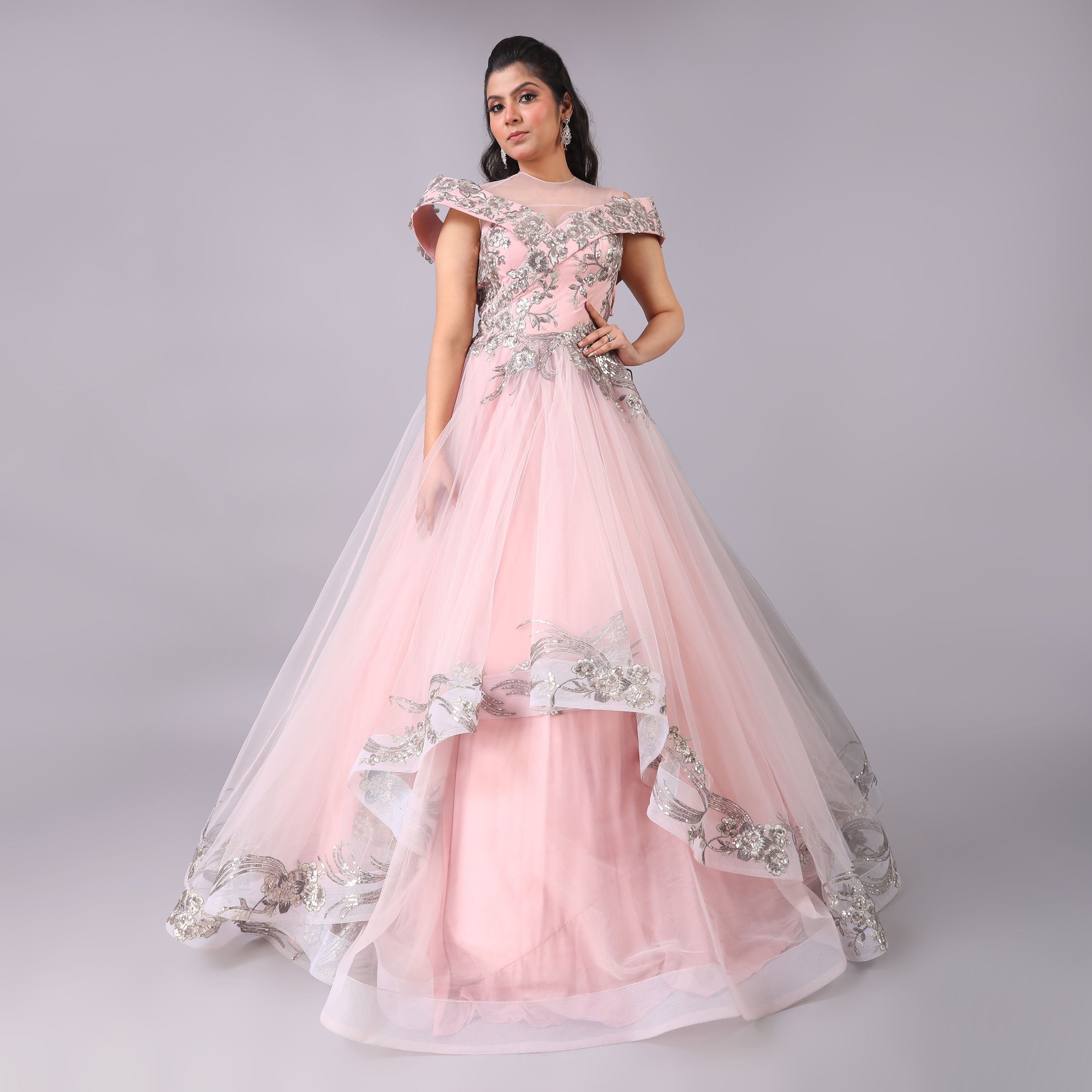 Blush Pink Princess Designer Net Gown with Silver Embellishments - qivii