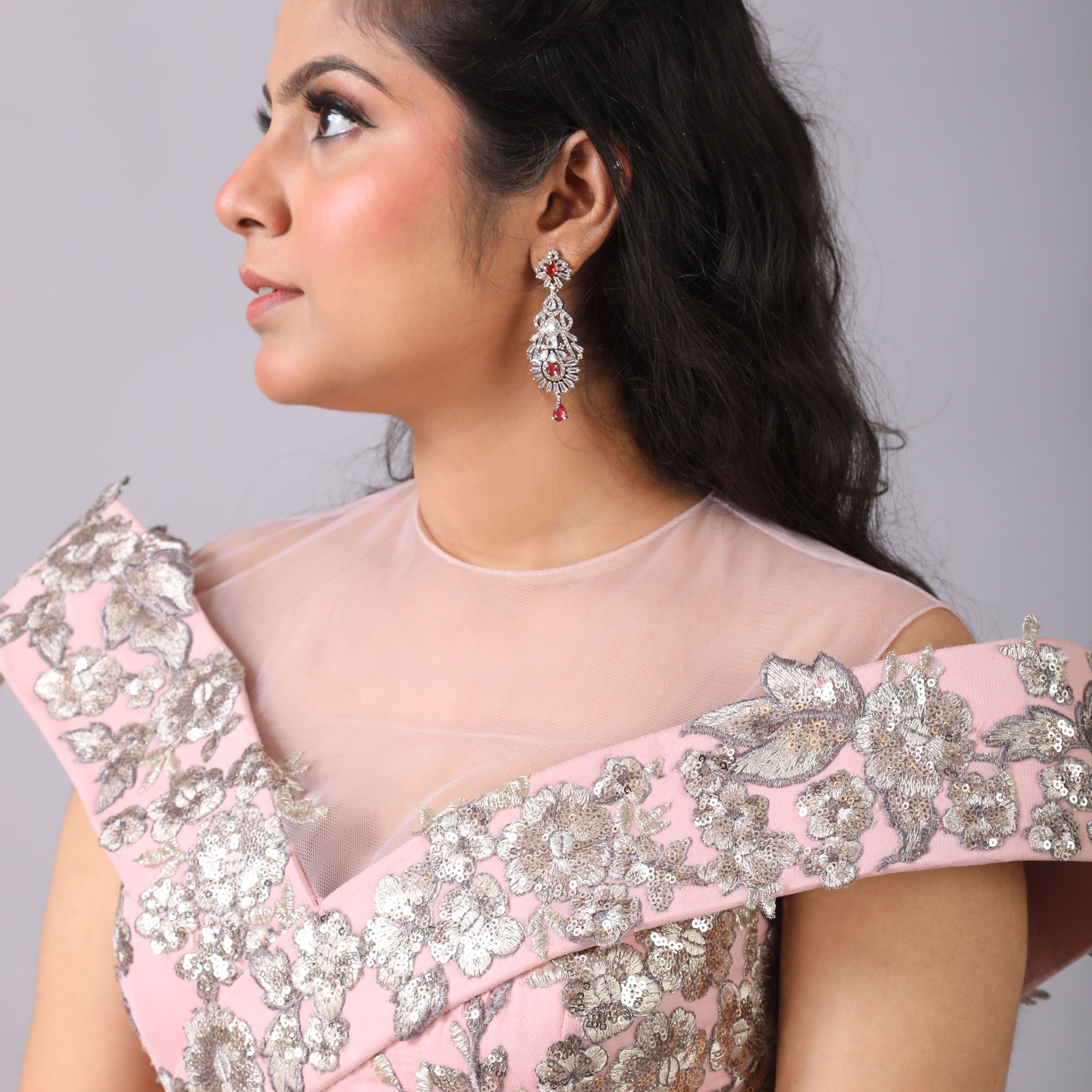 Blush Pink Princess Designer Net Gown with Silver Embellishments - qivii