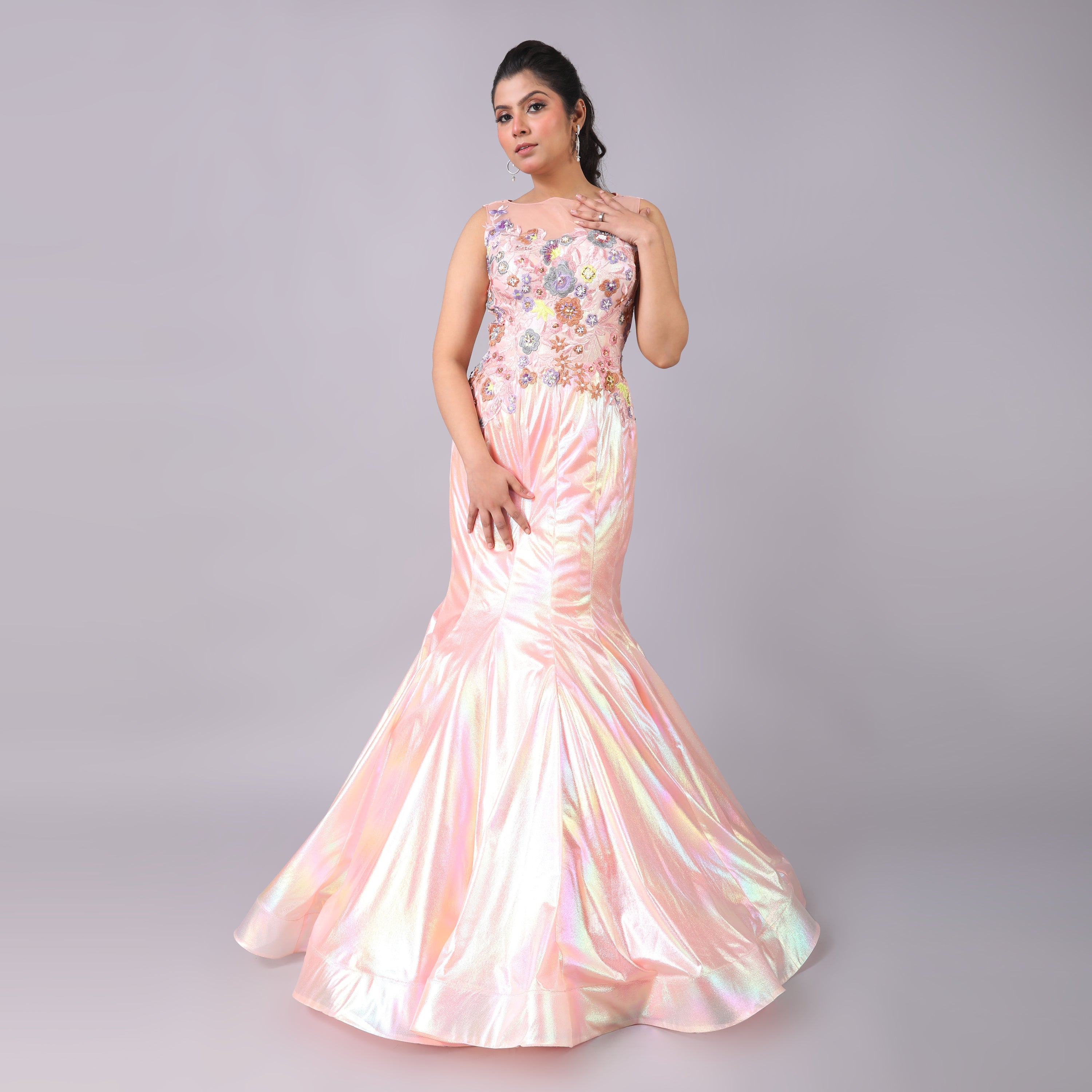 Glamorous Holographic Shimmering Pastel Fish-cut Gown Dress with 3D Floral Details - qivii