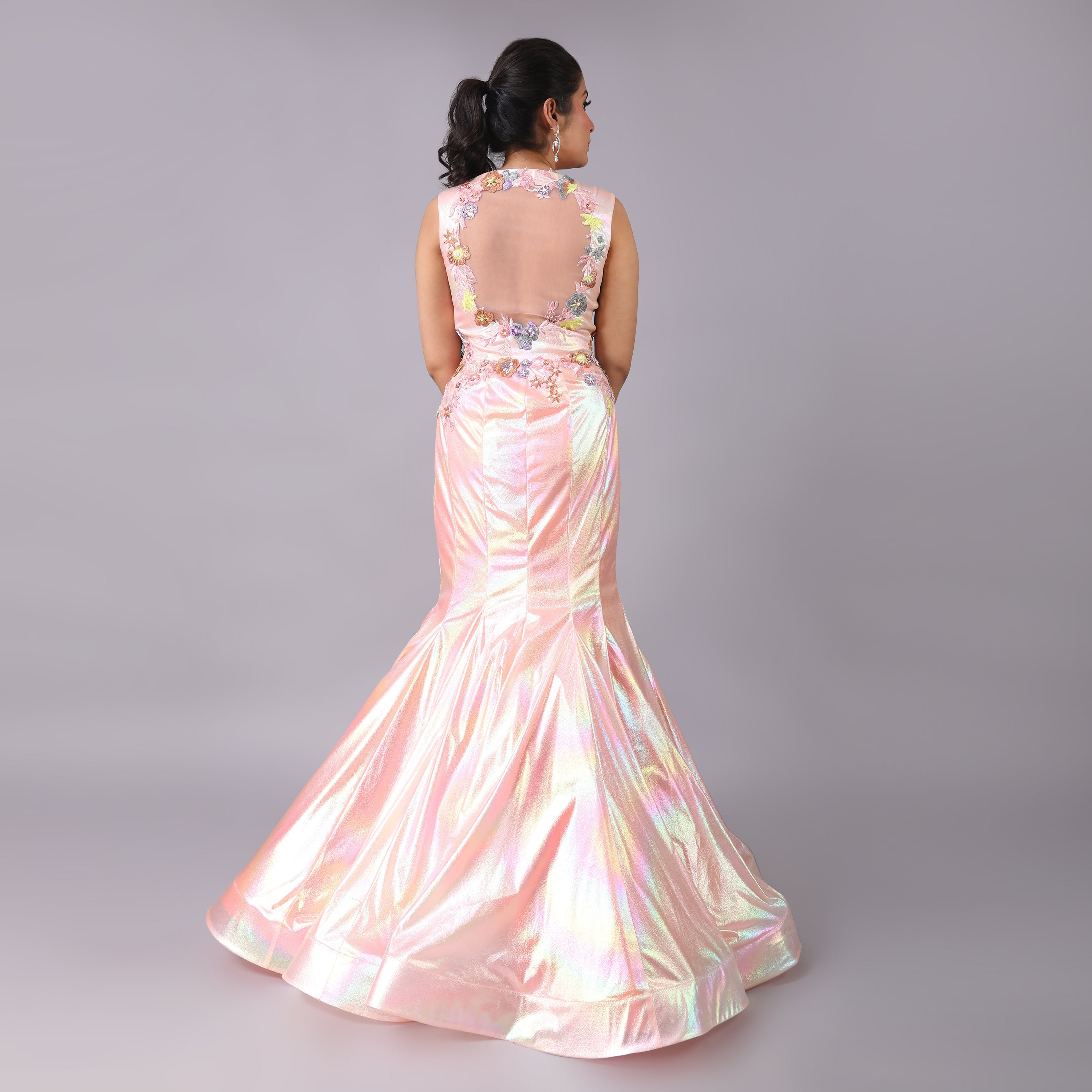 Glamorous Holographic Shimmering Pastel Fish-cut Gown Dress with 3D Floral Details - qivii