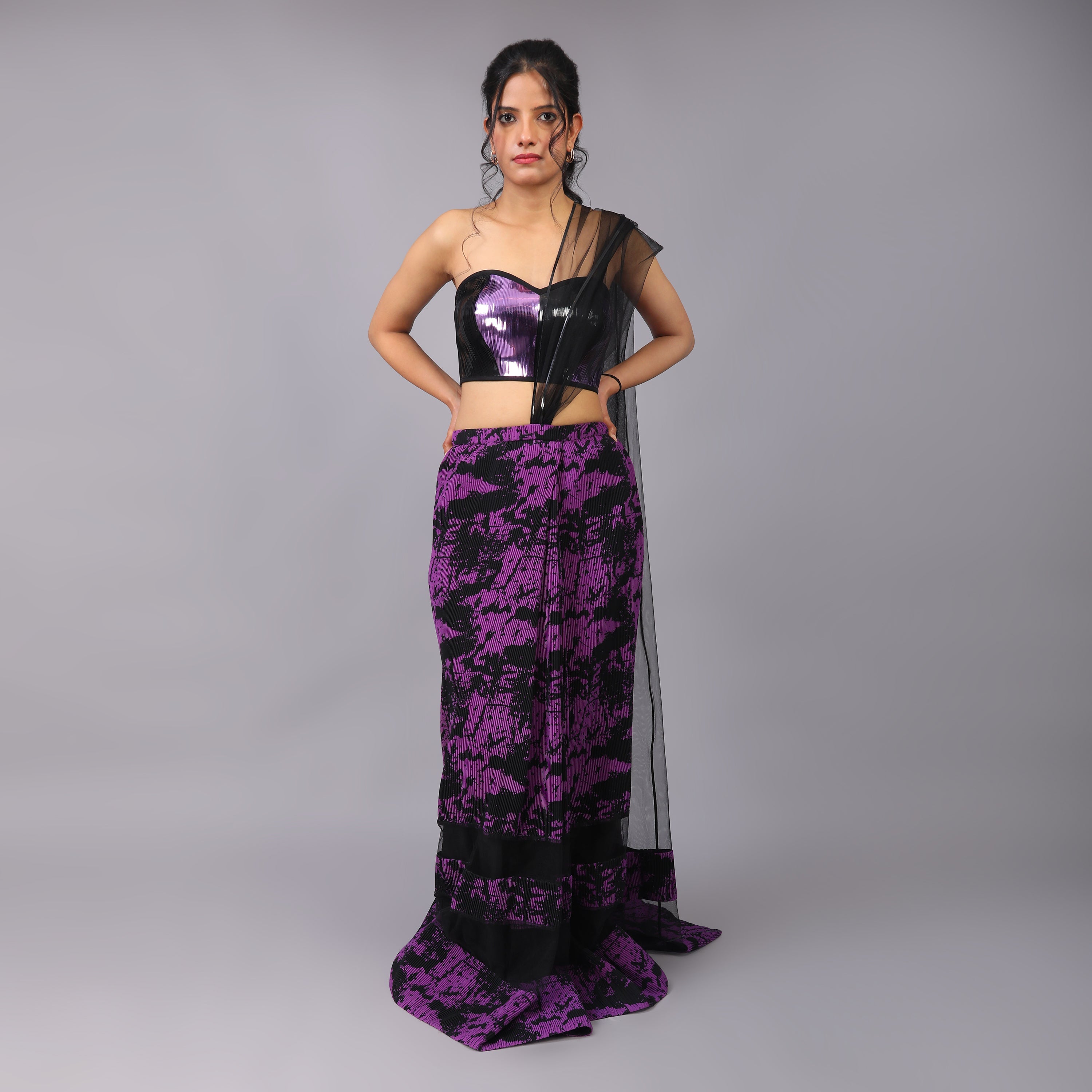Bold Black and Purple Modern Fusion Pre-draped Saree with Metallic Accents - qivii