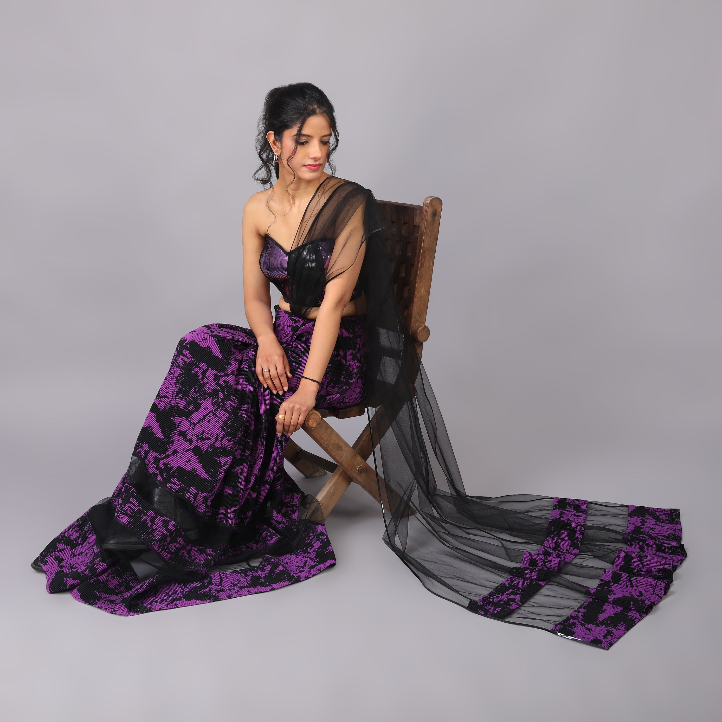 Bold Black and Purple Modern Fusion Pre-draped Saree with Metallic Accents - qivii