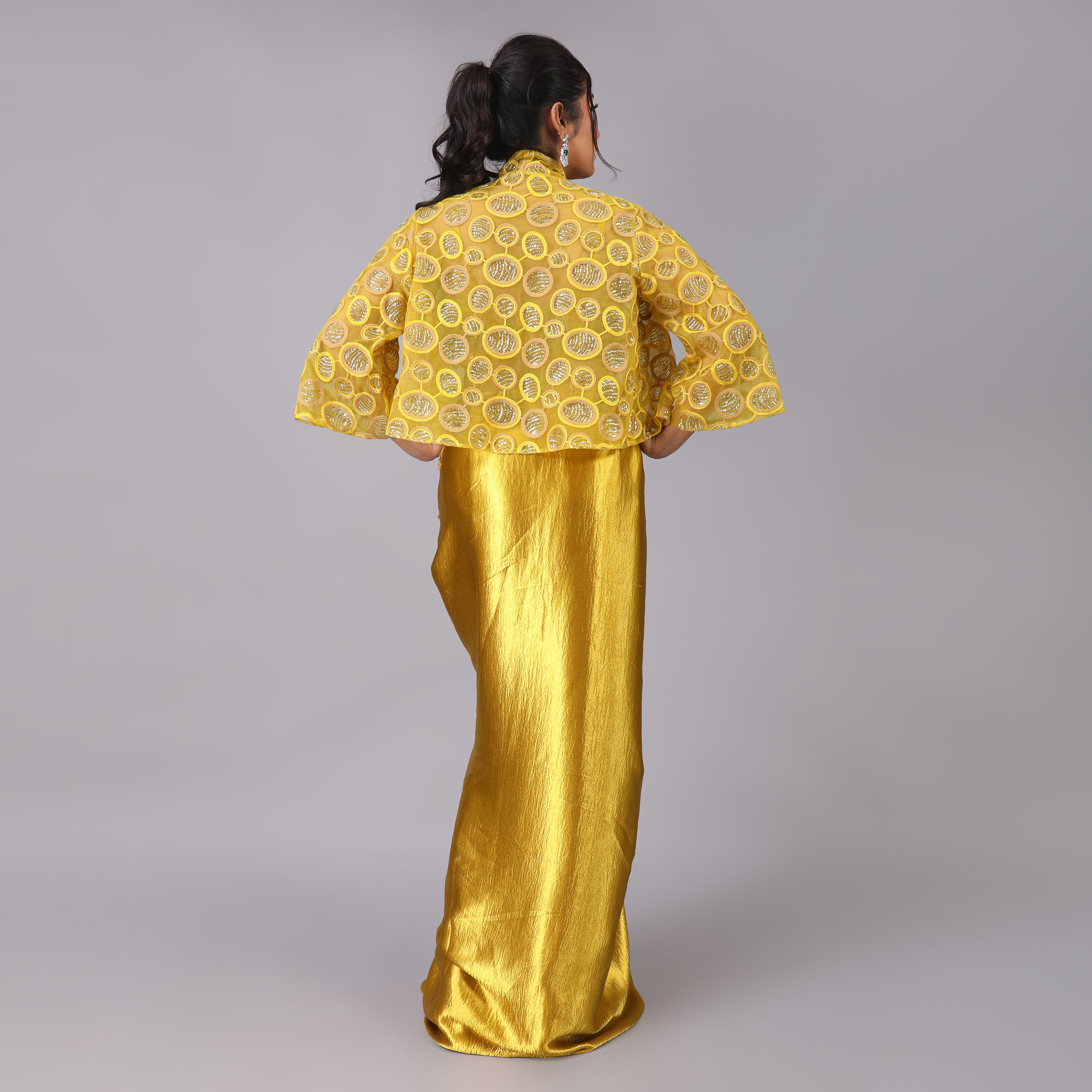 Golden Drape skirt and blouse with attached floral embellishments and Jacket with this adds a touch of elegance. - qivii