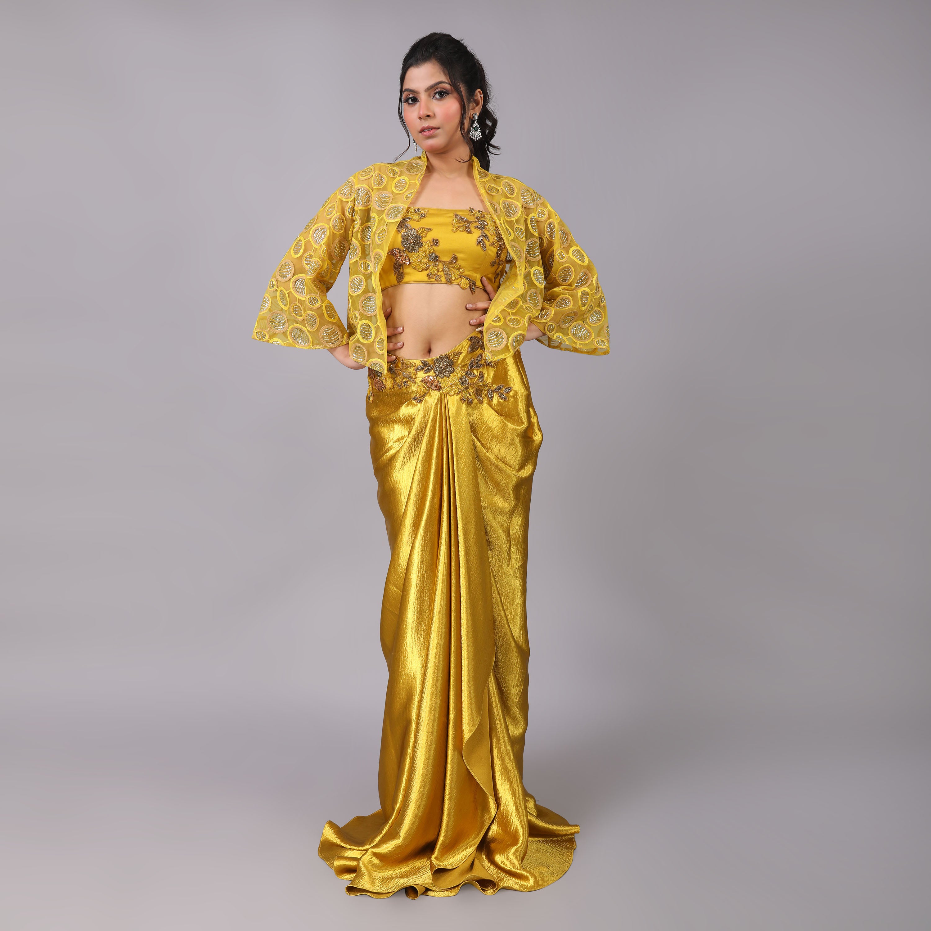 Golden Drape skirt and blouse with attached floral embellishments and Jacket with this adds a touch of elegance. - qivii
