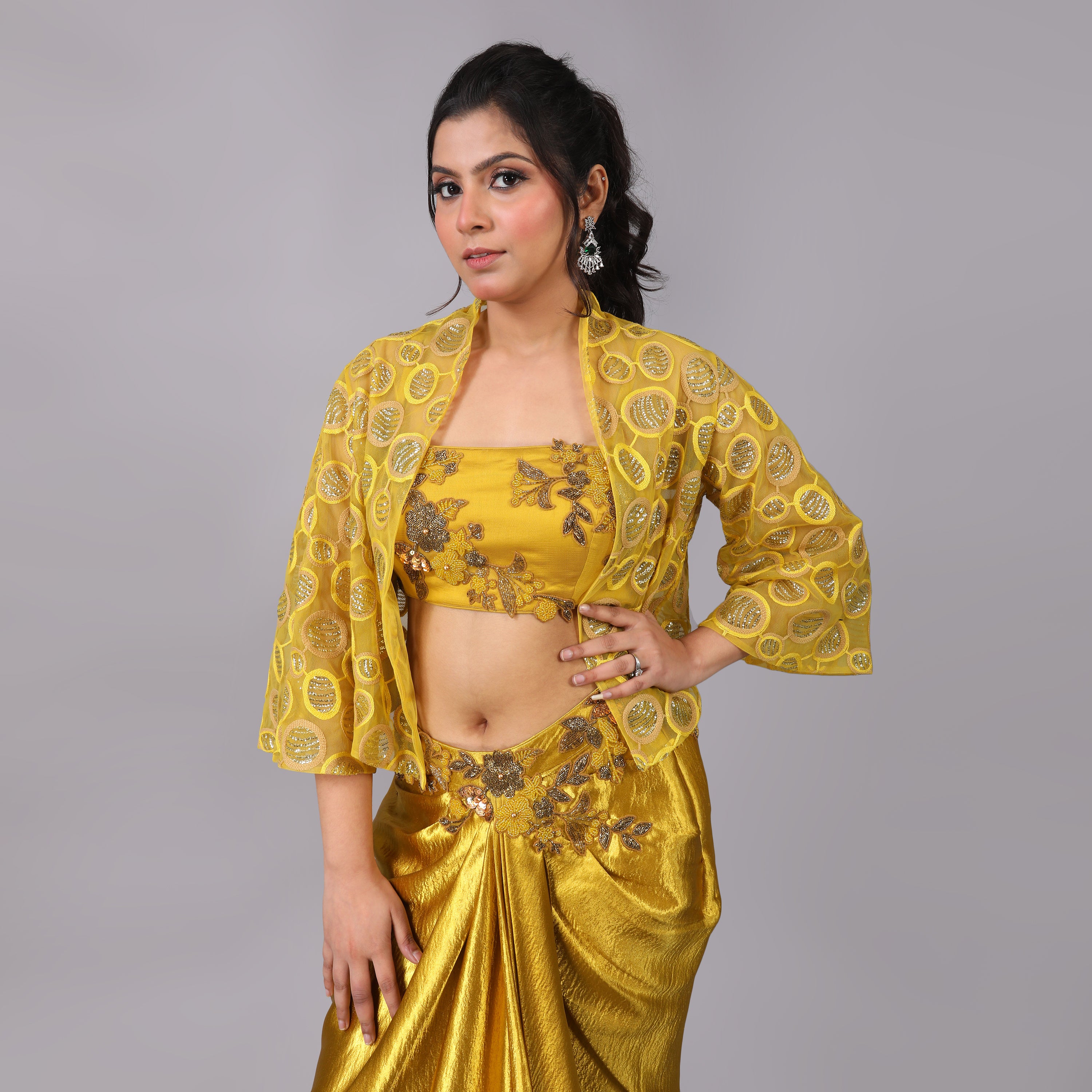 Golden Drape skirt and blouse with attached floral embellishments and Jacket with this adds a touch of elegance. - qivii