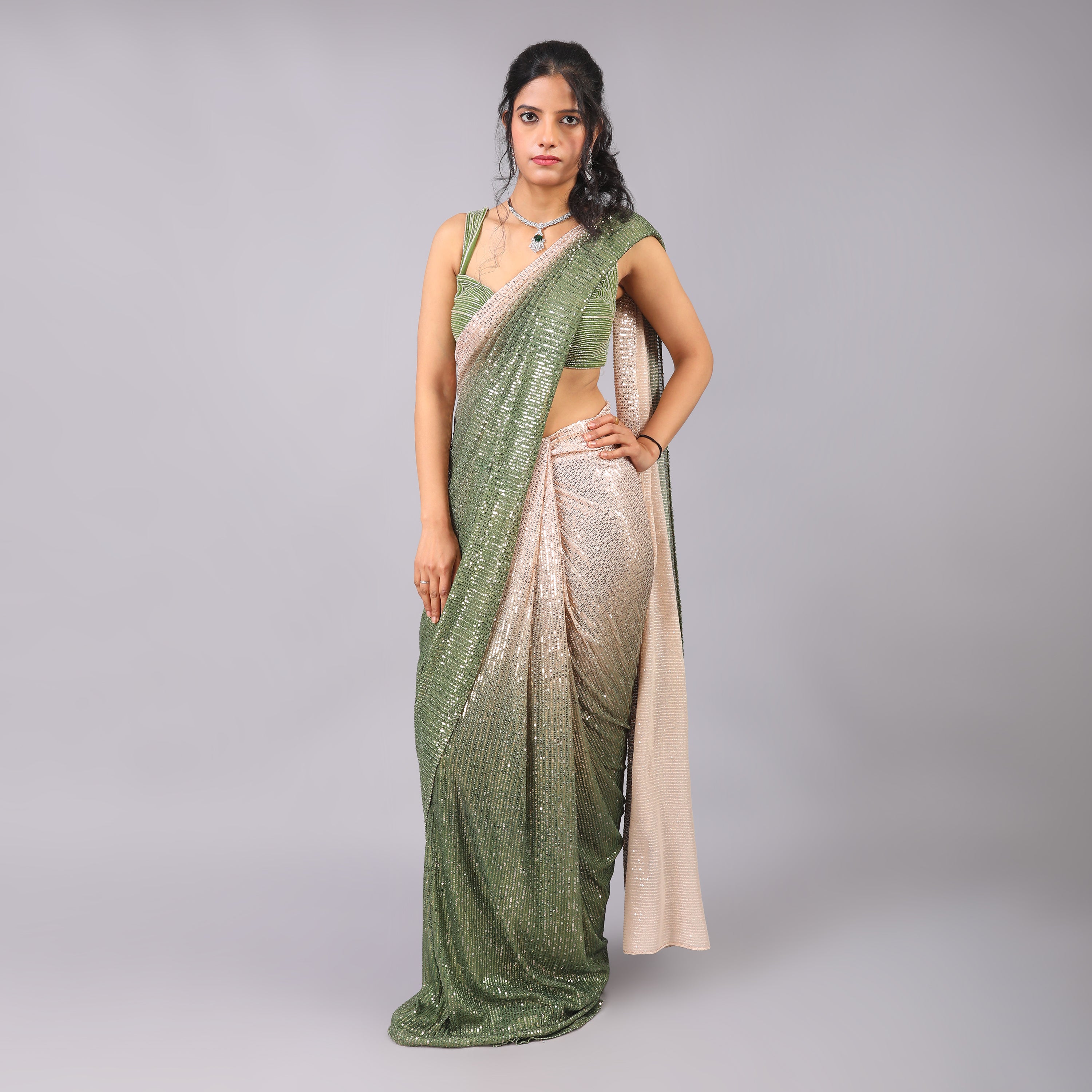 Dual-Toned Sequin pre-draped Saree with beautiful blouse having cutdana and moti hand work - qivii