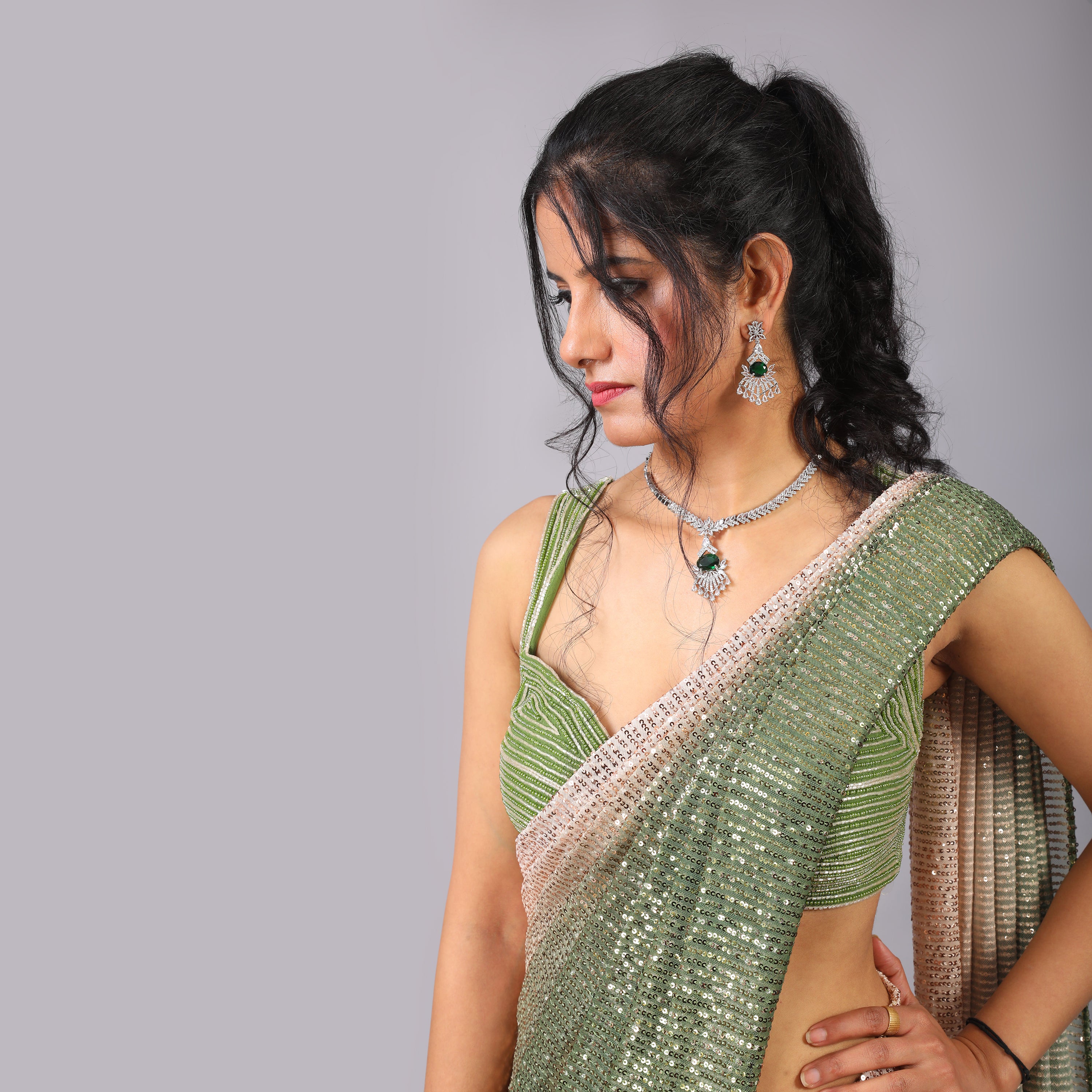 Dual-Toned Sequin pre-draped Saree with beautiful blouse having cutdana and moti hand work - qivii