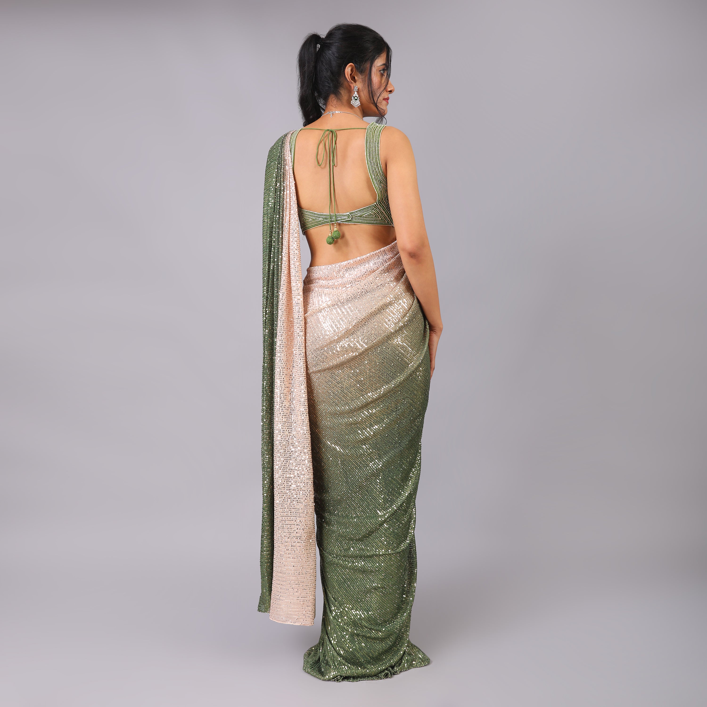 Dual-Toned Sequin pre-draped Saree with beautiful blouse having cutdana and moti hand work - qivii