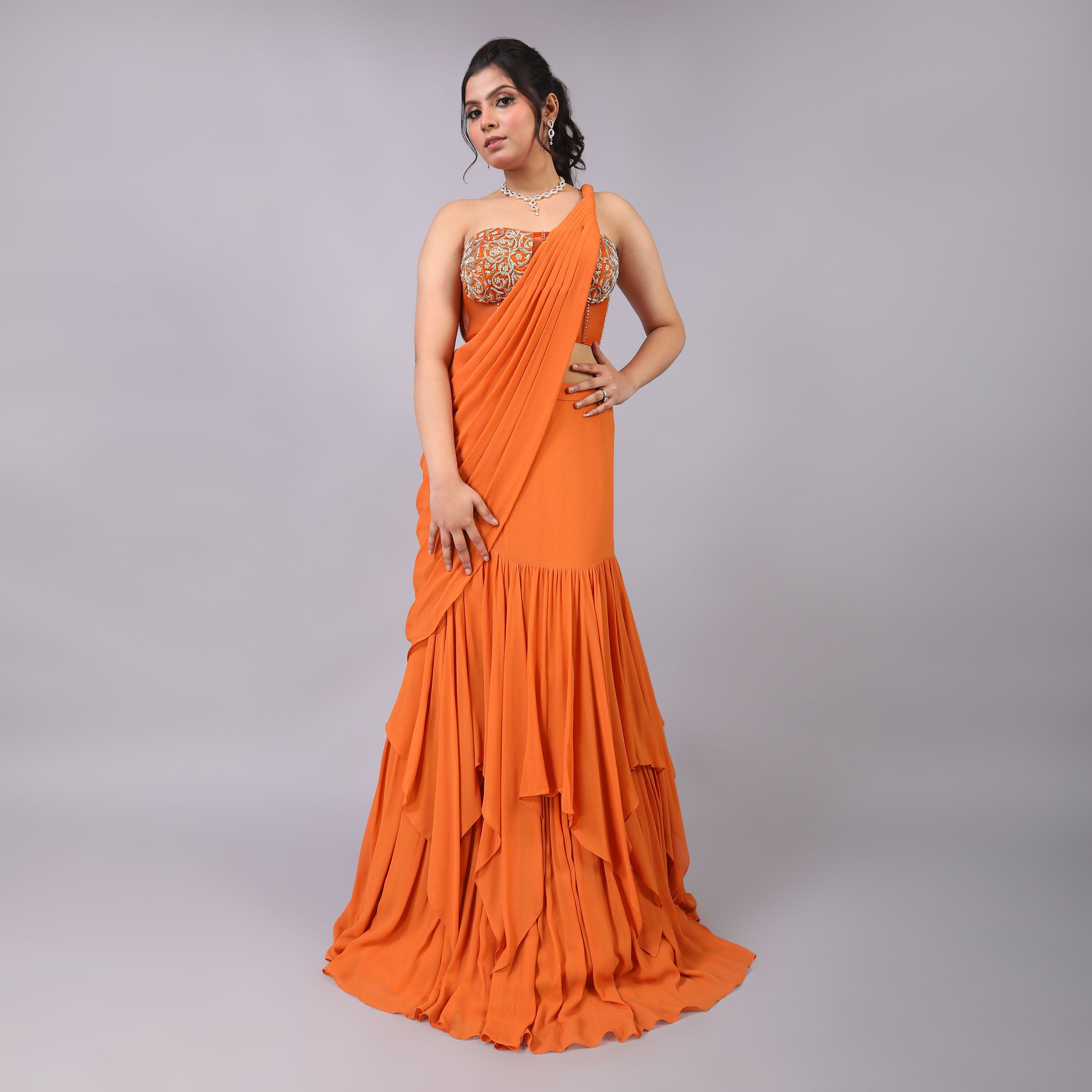 Stunning Georget Ruffled Pre-draped Saree, twist on pallu with dabka work corset blouse - qivii