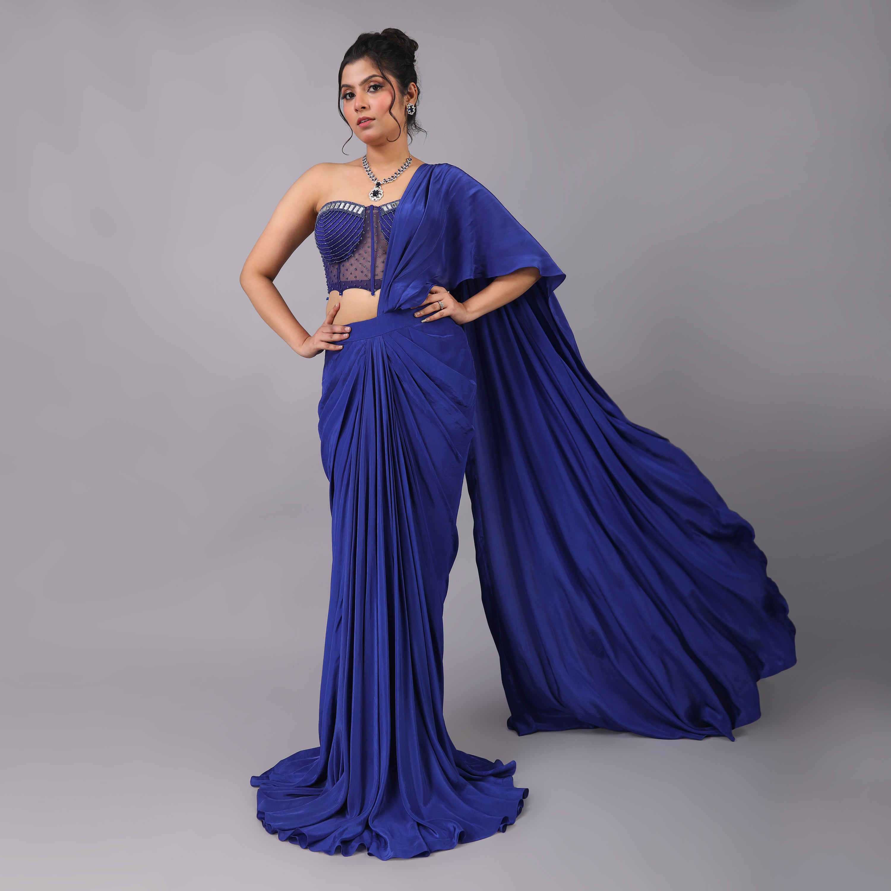 Royal Blue Draped pre-draped Saree with a Modern Corset Twist - qivii