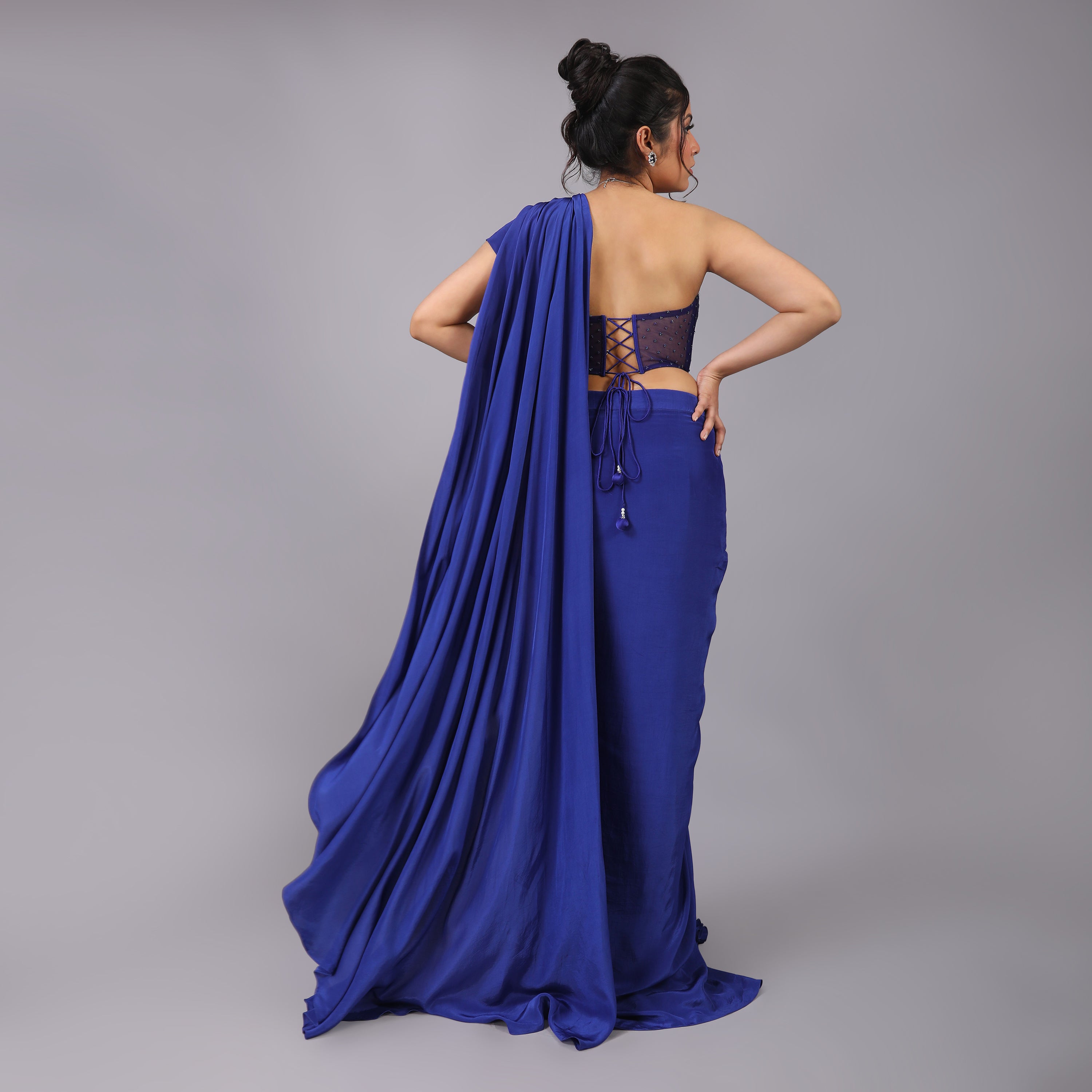 Royal Blue Draped pre-draped Saree with a Modern Corset Twist - qivii