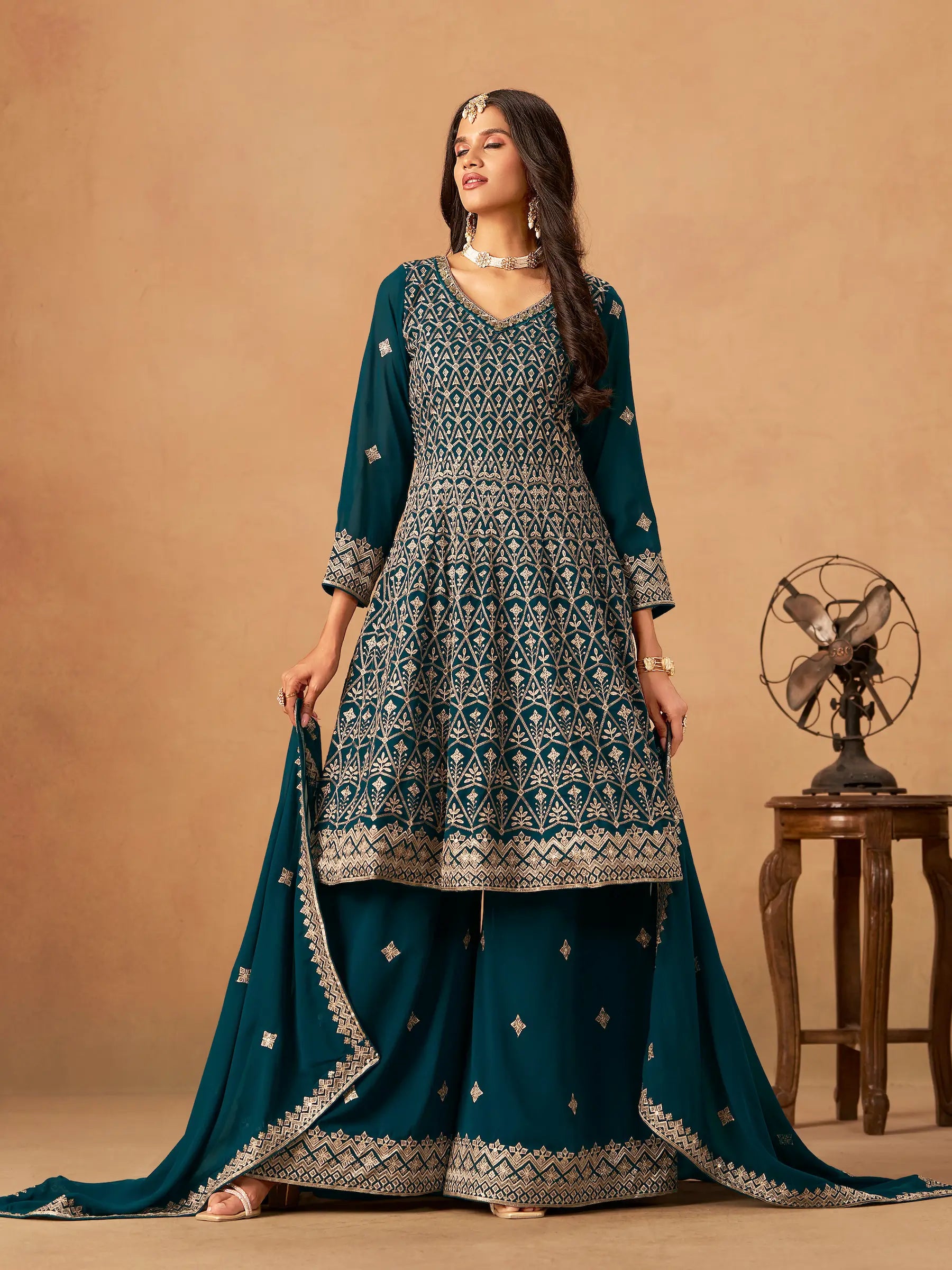 Teal Blue Georgette Embroidery Work Palazzo Set - qivii