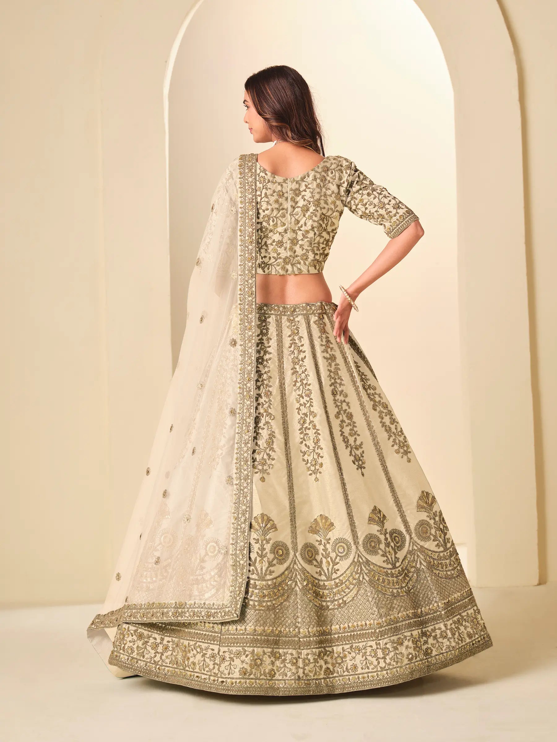Almond Beige Art Silk Embroidered Lehenga Choli