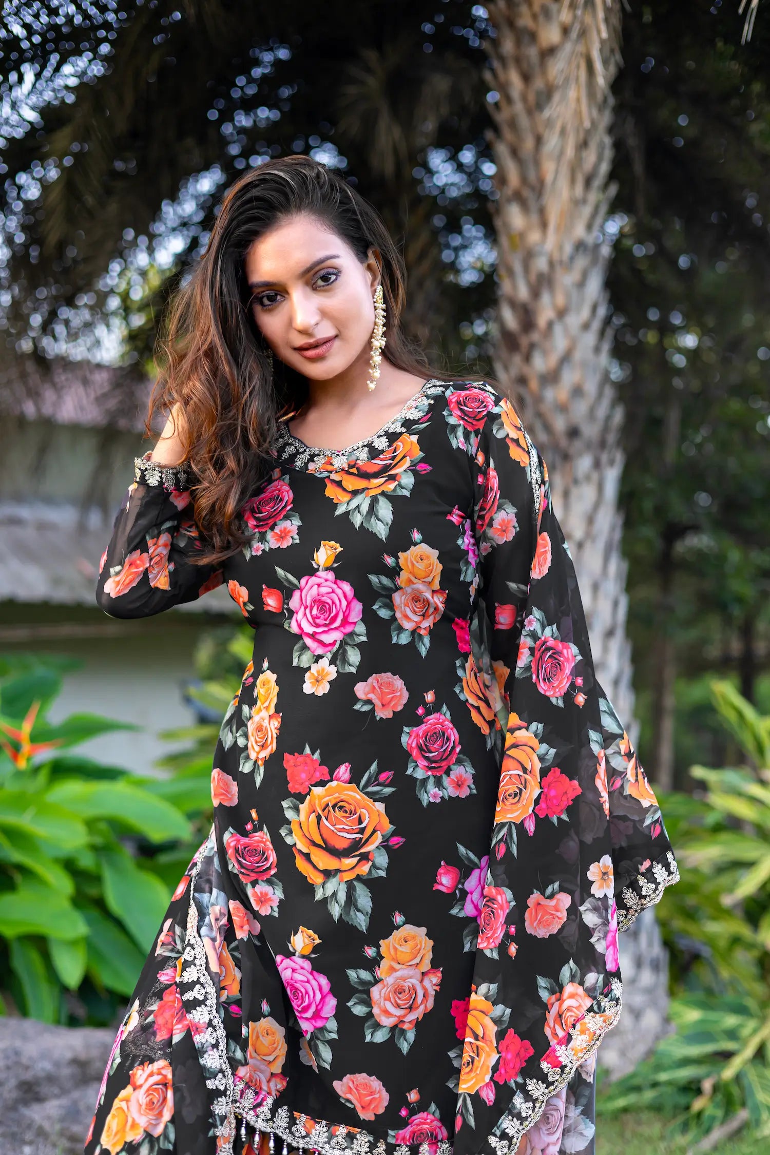Black Georgette Palazzo Salwar Suit With Floral Print & Embroidery Work