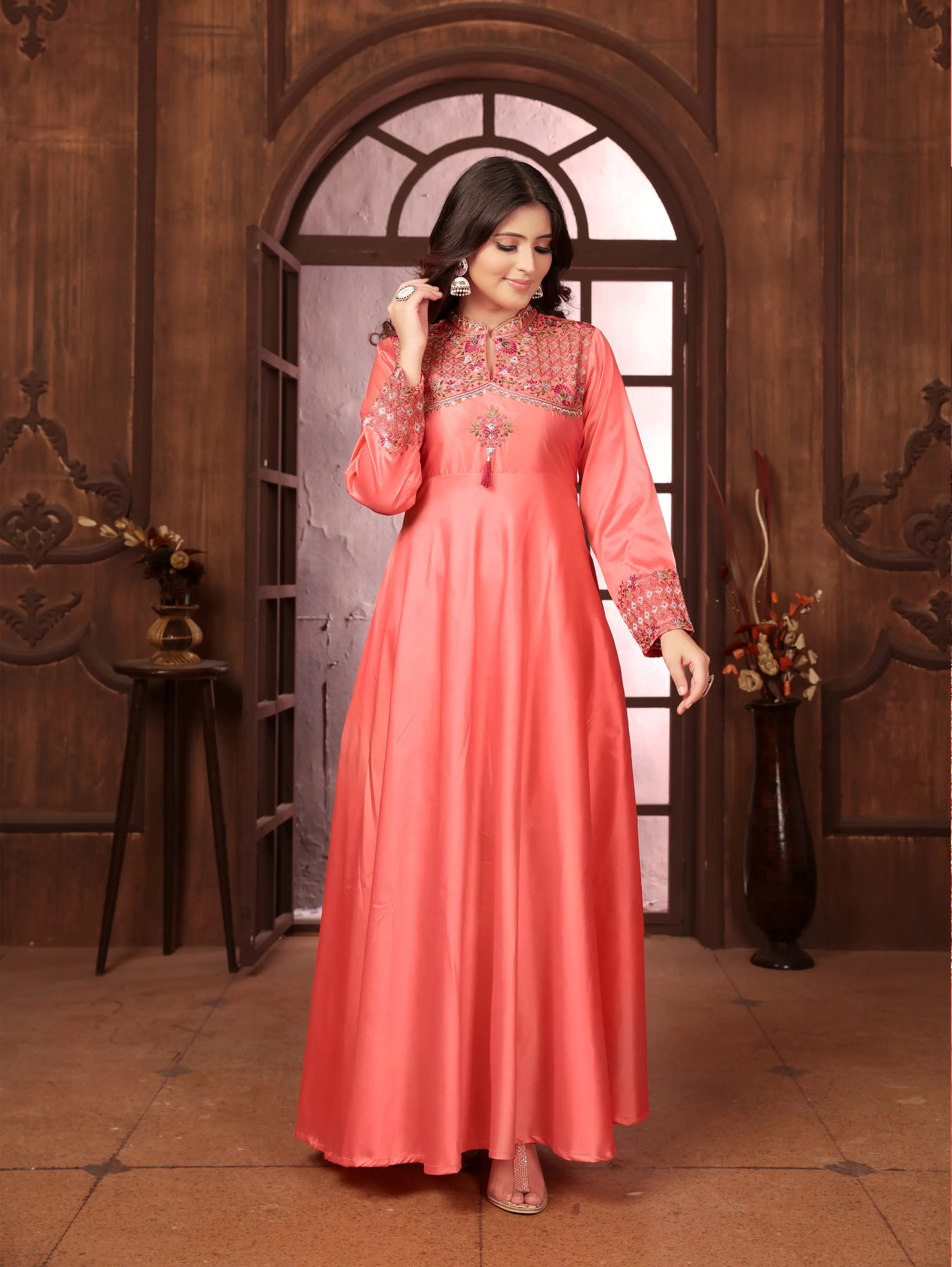 Peach Gown With Heavy Embroidery Work - qivii
