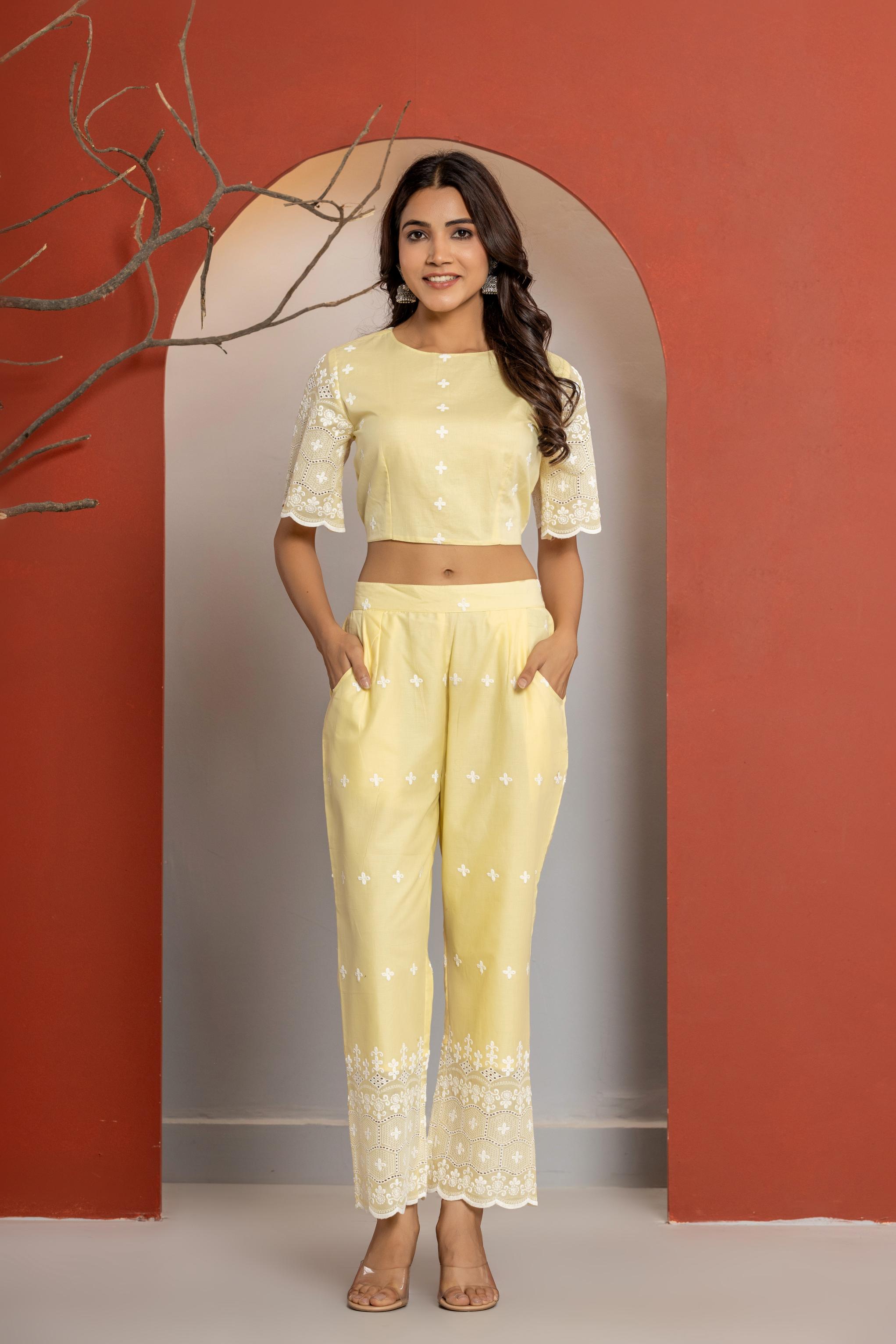 Yellow Cotton Schiffli Co-ord Set - By Ragavi - qivii