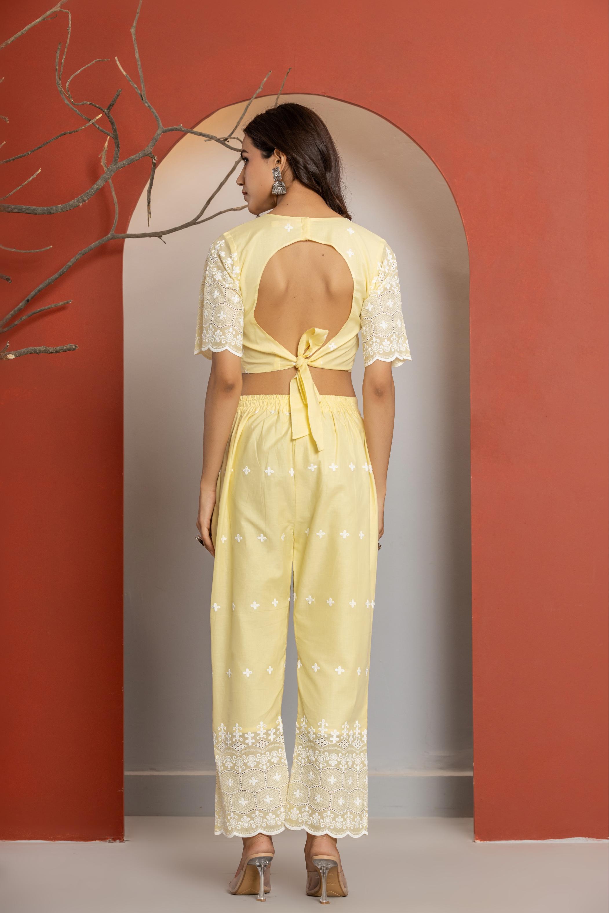 Yellow Cotton Schiffli Co-ord Set - By Ragavi - qivii