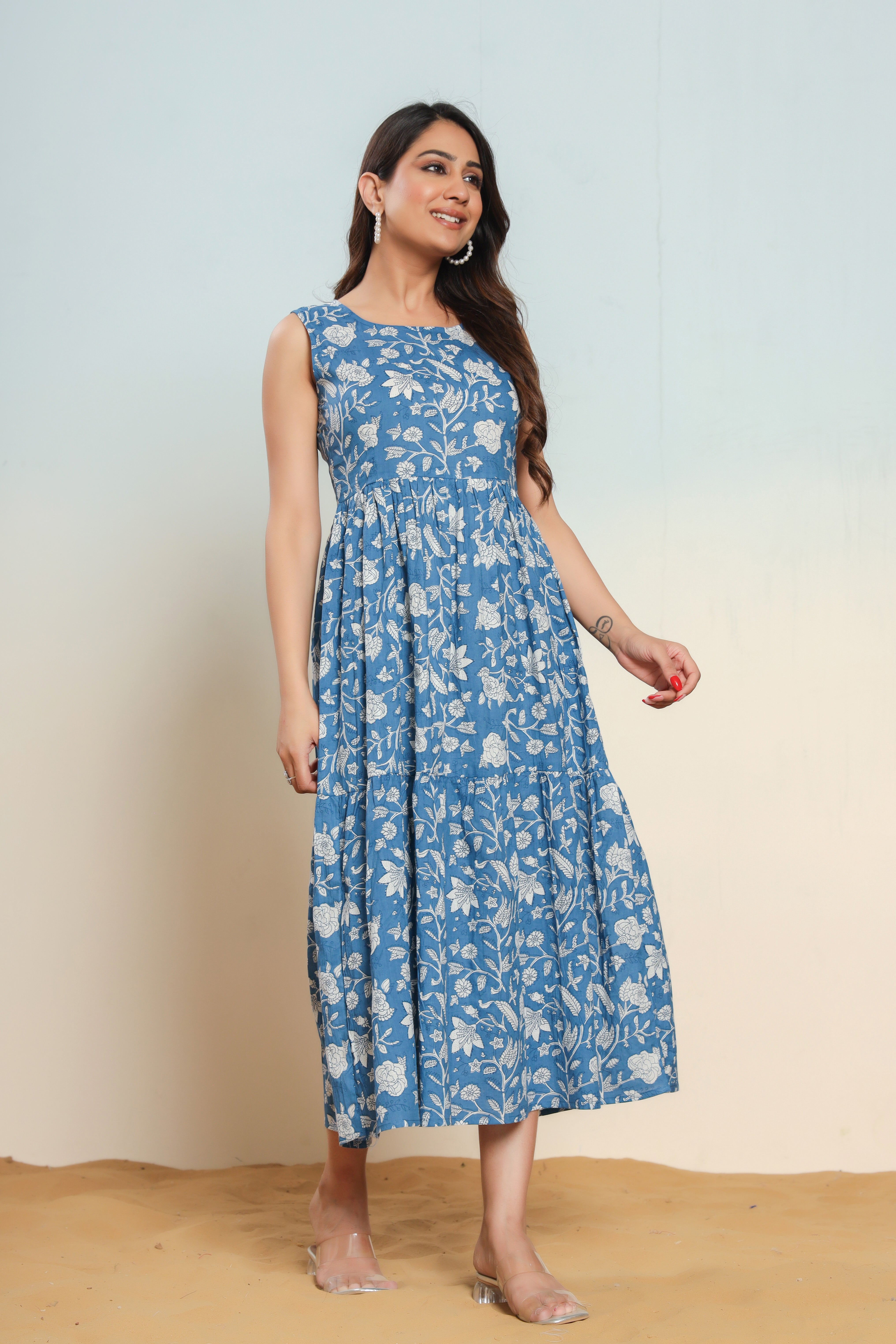 Indigo Blue Cotton Hand Block Printed Maxi Dress - By Ragavi - qivii