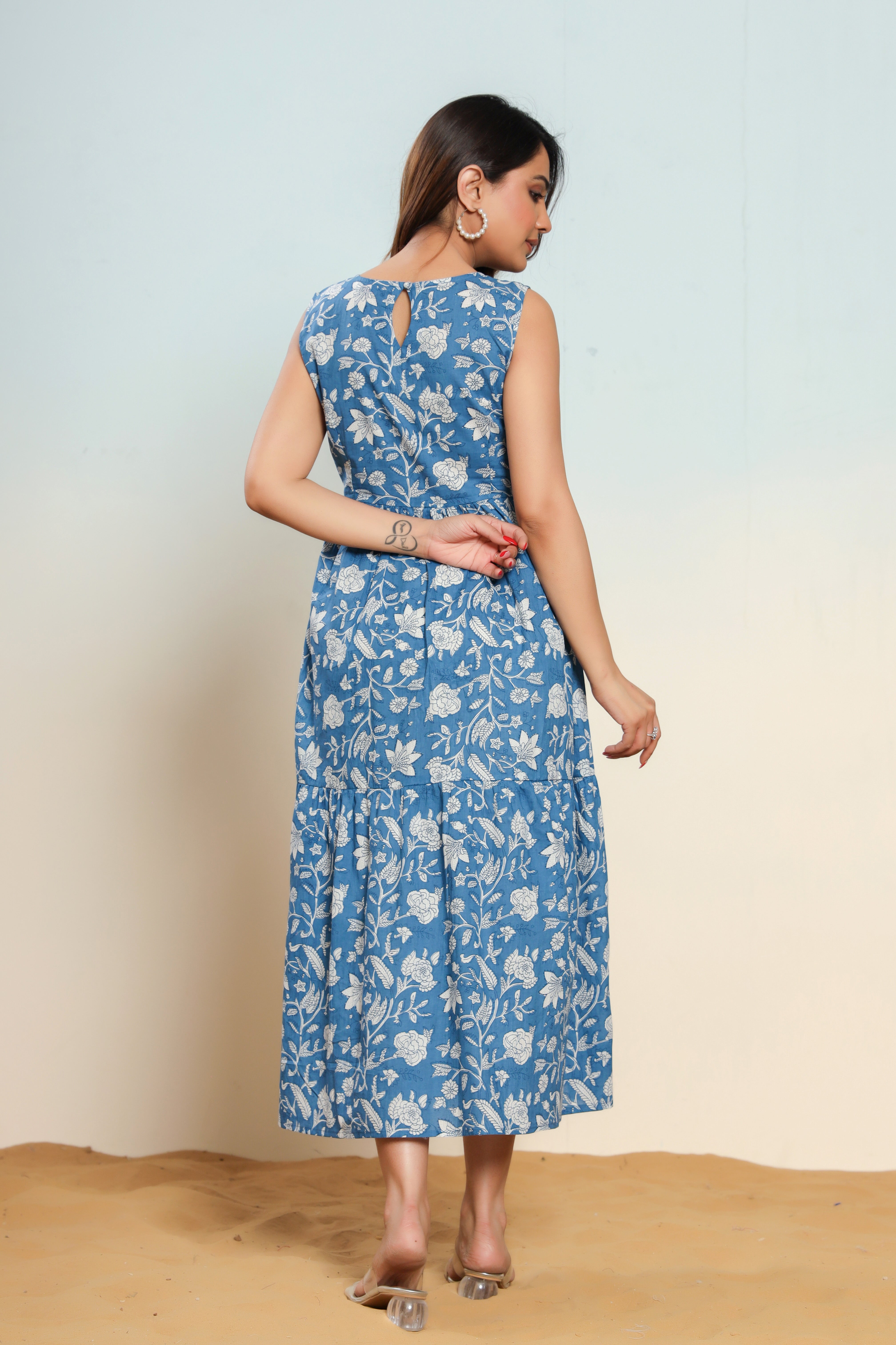 Indigo Blue Cotton Hand Block Printed Maxi Dress - By Ragavi - qivii