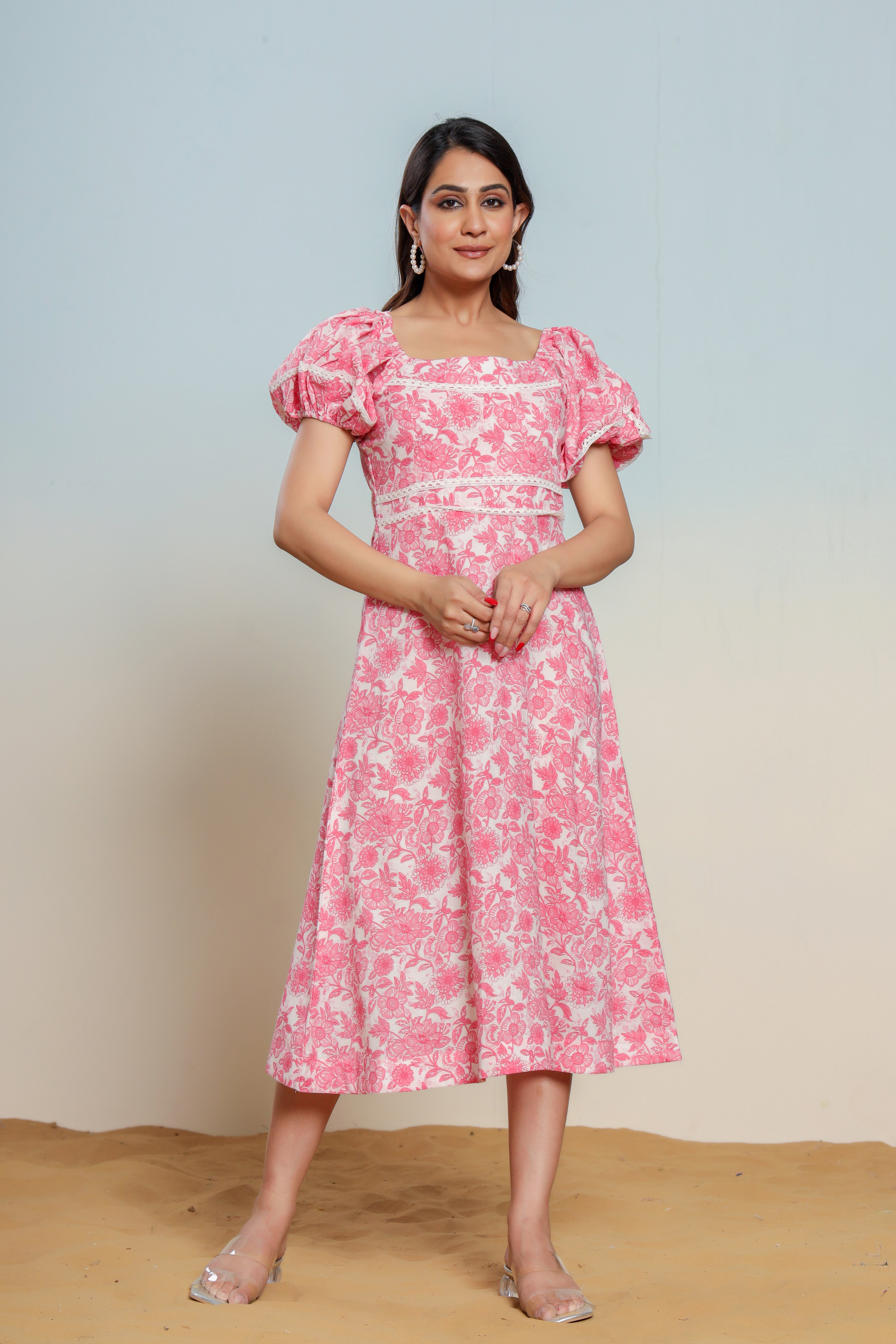 Prism Pink Cotton Hand Block Printed Midi Dress - By Ragavi - qivii