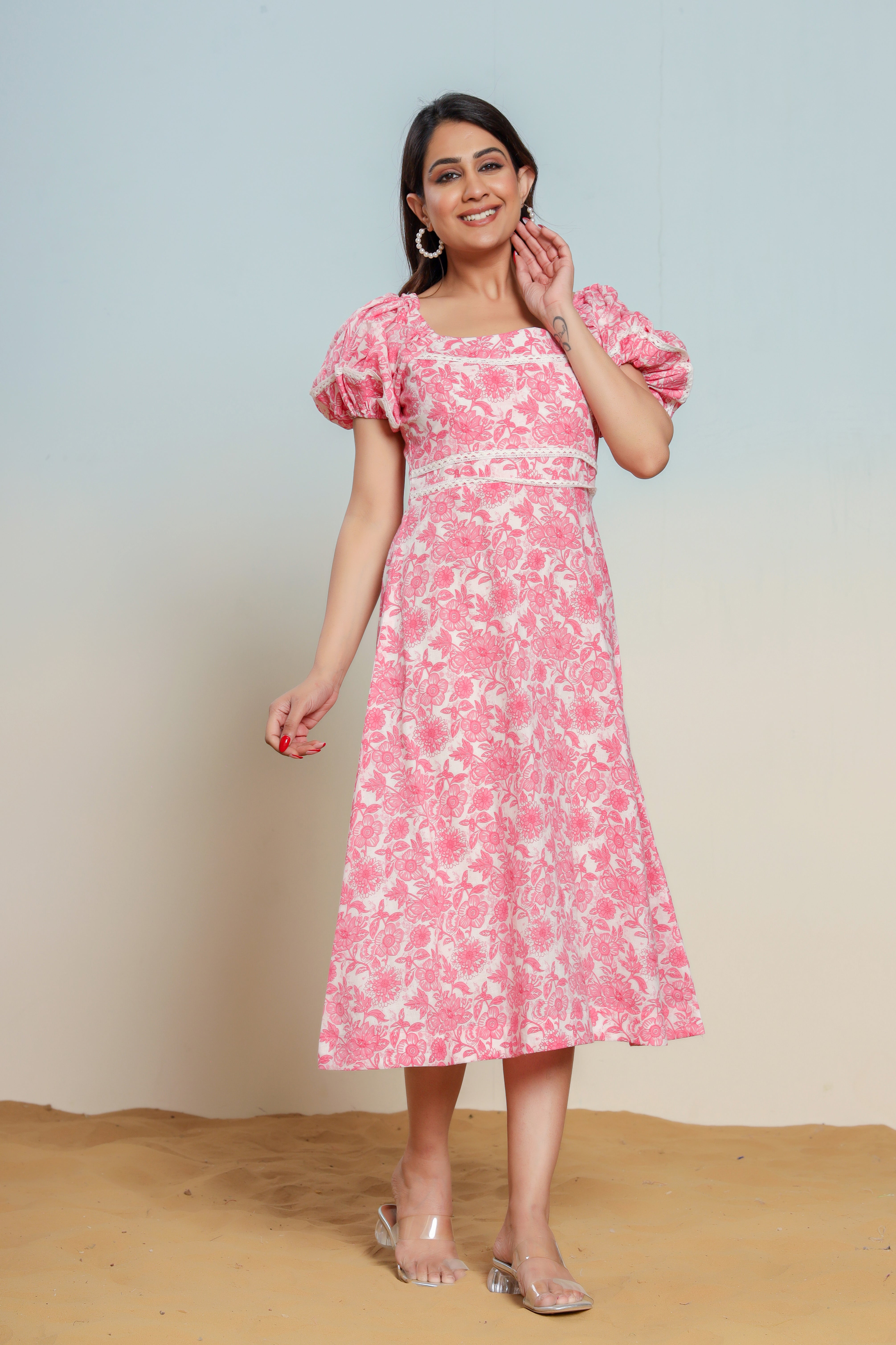Prism Pink Cotton Hand Block Printed Midi Dress - By Ragavi - qivii
