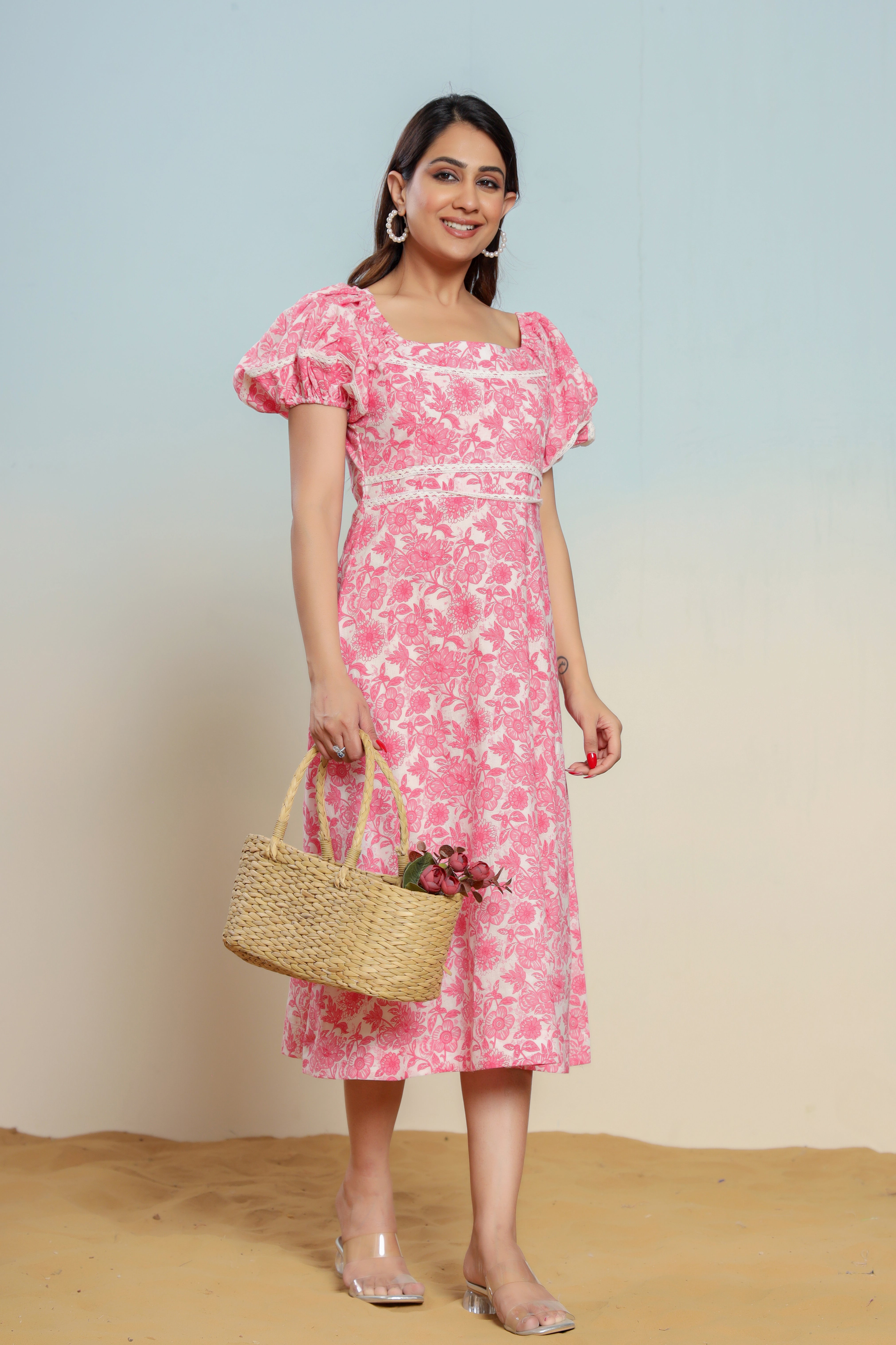 Prism Pink Cotton Hand Block Printed Midi Dress - By Ragavi - qivii